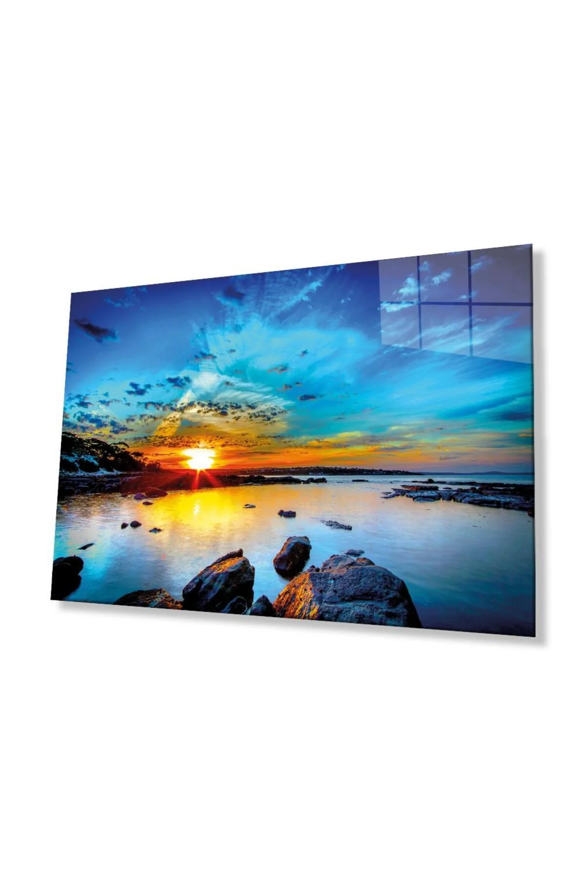 Kaya Deniz Manzara Cam Tablo 4mm Dayanıklı Temperli Cam Mountain Reflection Landscape Glass Table 4