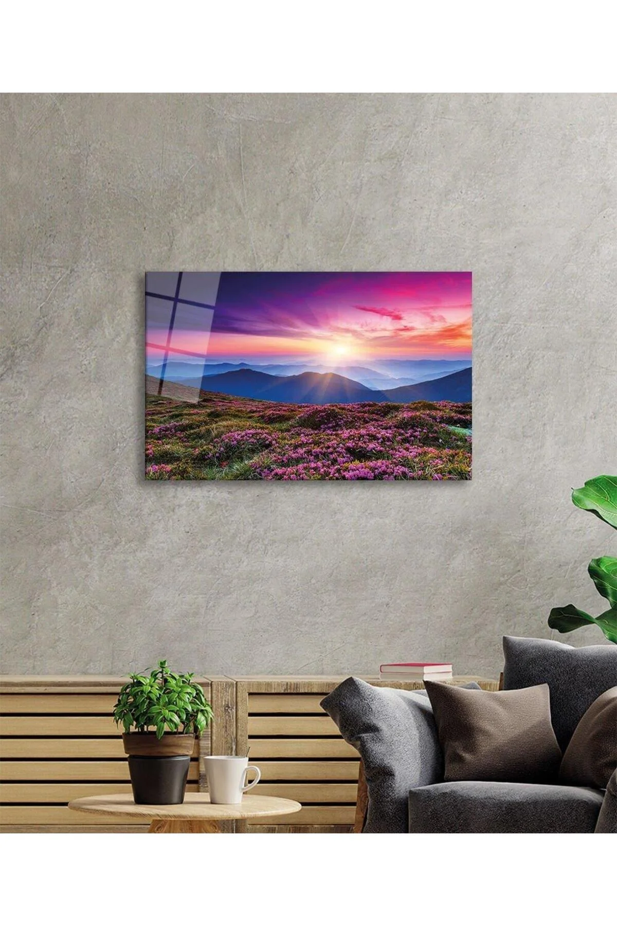 Dağ Manzara Pembe Cam Tablo 4mm Dayanıklı Temperli Cam Mountain Landscape Green Glass Wall Art - BYCAGRİ Görsel 2
