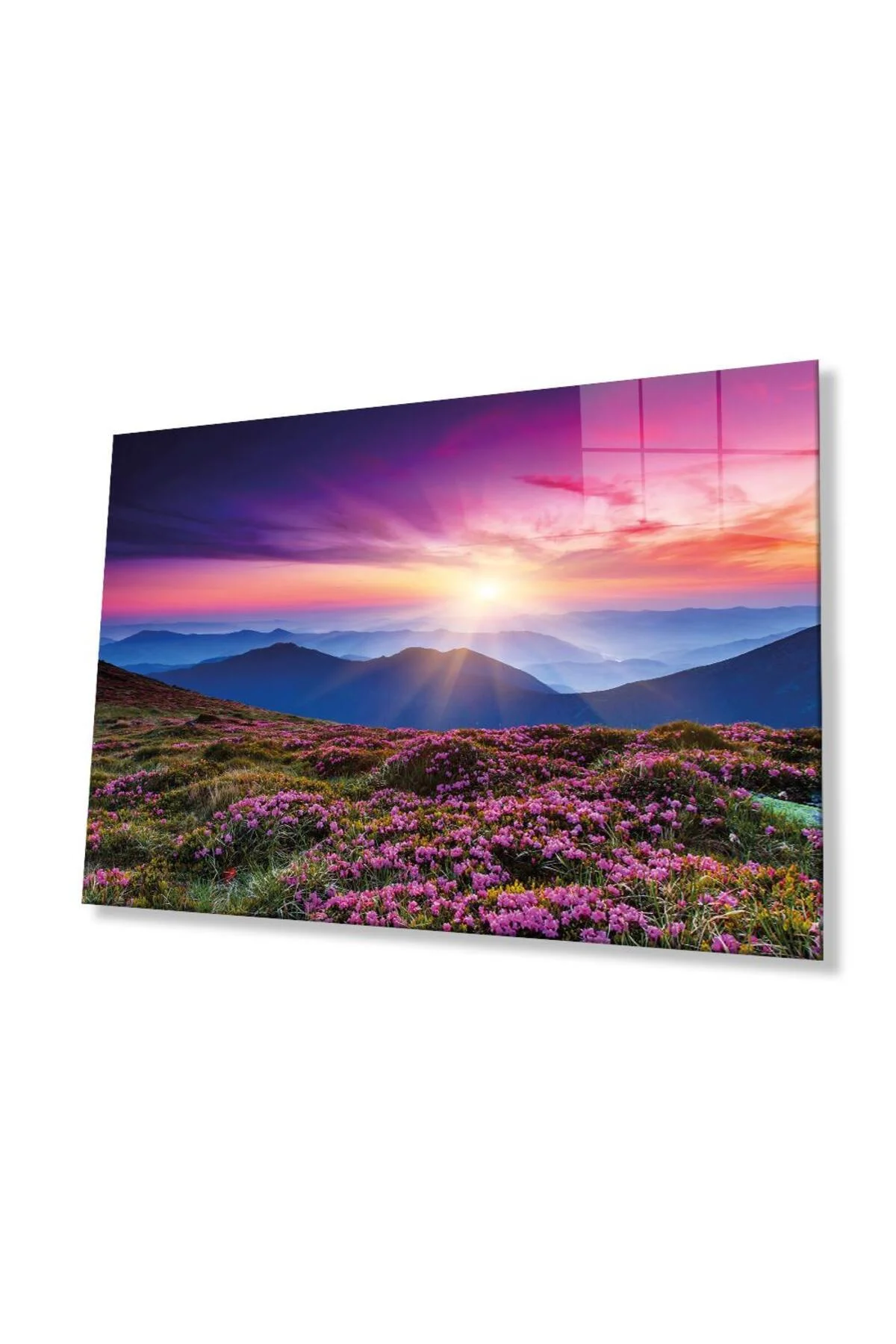 Dağ Manzara Pembe Cam Tablo 4mm Dayanıklı Temperli Cam Mountain Landscape Green Glass Wall Art
