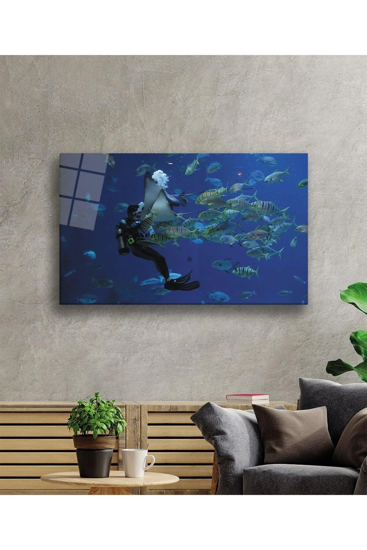 Dalgıç Balık Sualtı Cam Tablo 4mm Dayanıklı Temperli Cam Diver Fish Underwater Glass Wall Art - BYCAGRİ Görsel 2