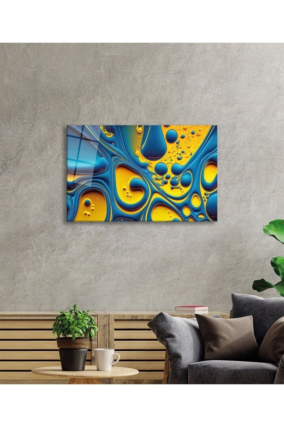 Mavi Sarı Soyut Cam Tablo, Ev ve Ofis Duvar Dekoru, Hediyelik Büyük Temperli 4 mm Cam Tablo - Leopar Art Görsel 2