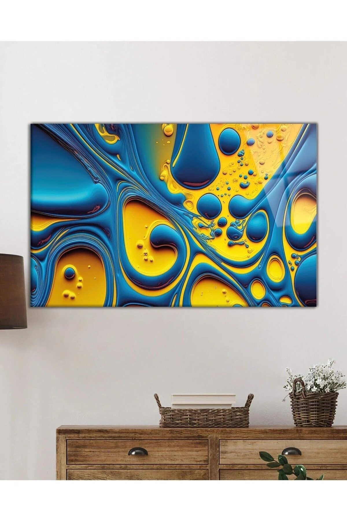 Mavi Sarı Soyut Cam Tablo, Ev ve Ofis Duvar Dekoru, Hediyelik Büyük Temperli 4 mm Cam Tablo - Leopar Art Görsel 4