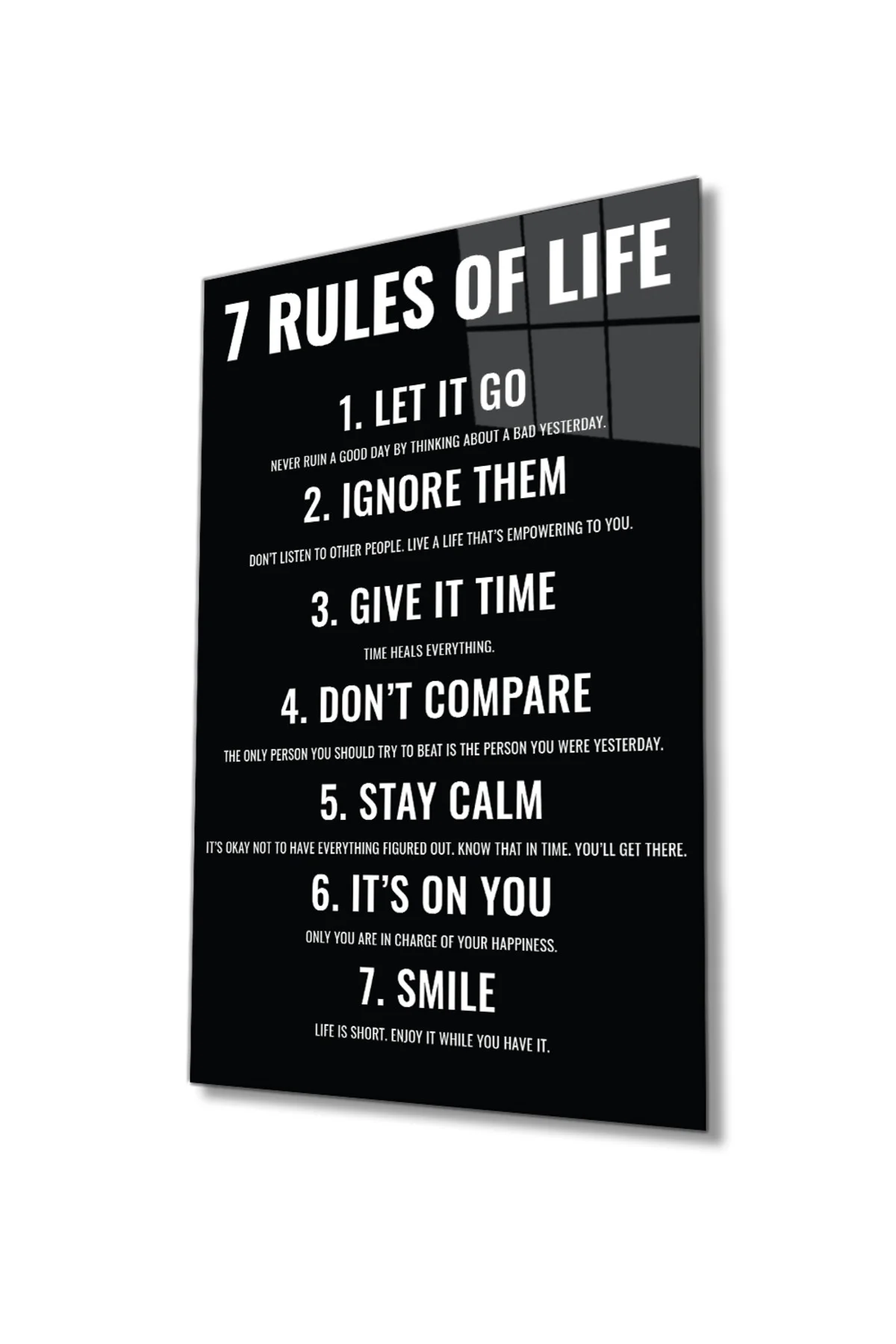 7 Rules of Life Hayatın 7 Kuralı Ev ve Ofis Duvar Dekoru Hediyelik Büyük Tablo Dayanıklı Cam