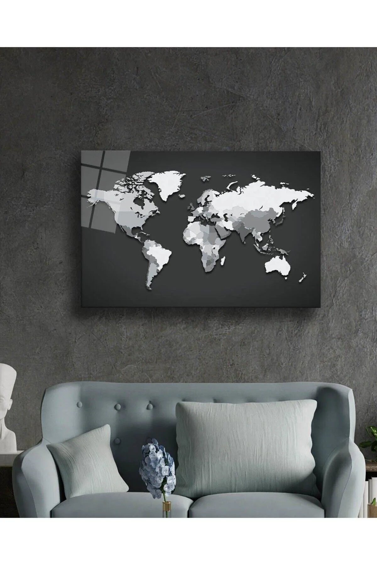 Modern Tablo Siyah Beyaz Dünya Haritası Cam Tablo 90x60 Renkli
