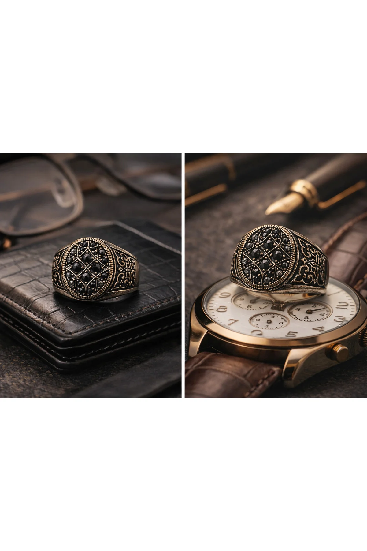 Gümüş Erkek Yüzük, 925 Ayar, Siyah Zirkon Taşlı, Eskitme Motif Desenli, Oval Model