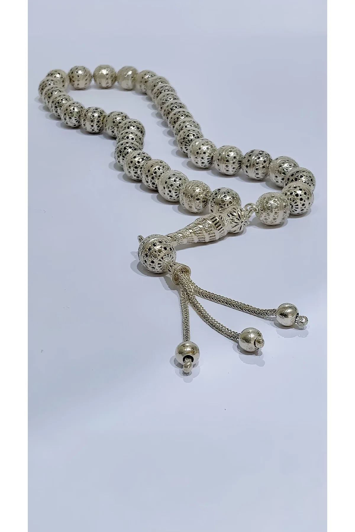 925 Ayar Gümüş El İşçiliği Telkâri Toplardan Erkek Tesbih – Özgün Tasarım Hediyelik Model - TRİA SİLVER Görsel 2