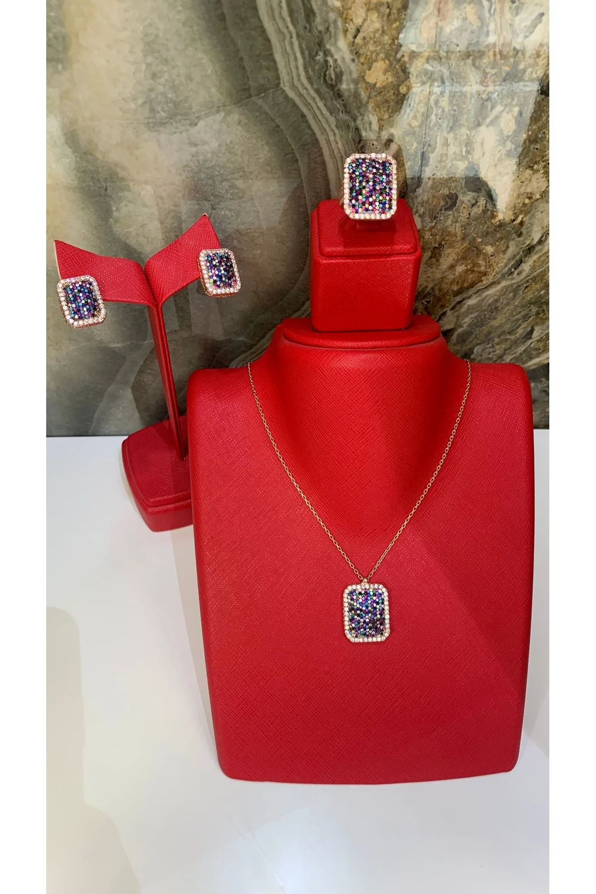 Renkli Taşlı Kare Tasarım 925 Ayar Gümüş Kolye Küpe Yüzük Üçlü Kombin Takım Set Aksesuar - TRİA SİLVER Görsel 3