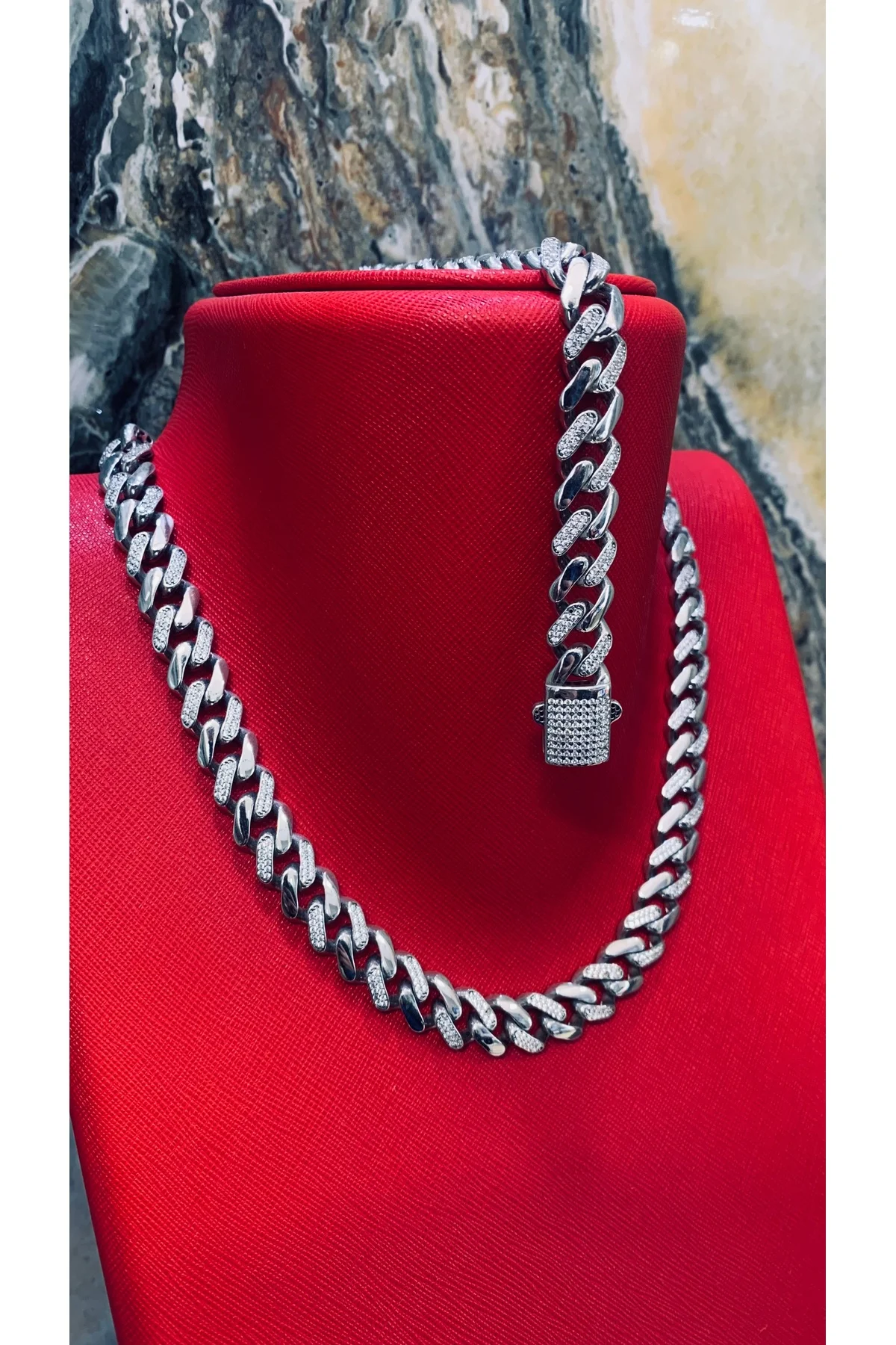 Zirkon Taşlı 925 Ayar Gümüş Zincir 45.88 gram Ve Bileklik 20.75 gram Erkek Takım Set