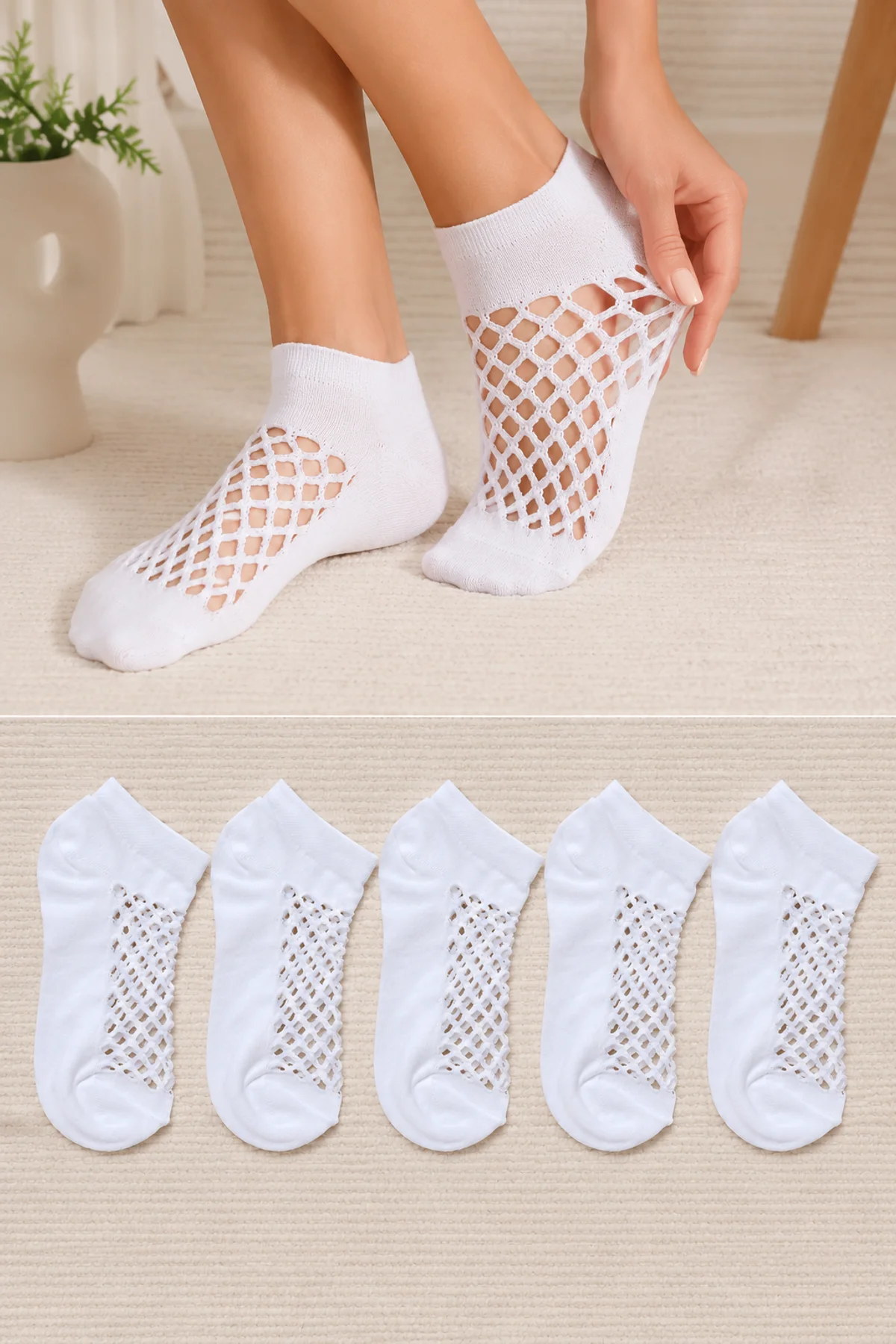 Kadın 5 Çift Premium Kalite File Tasarım Yazlık Bilek Çorabı Beyaz - Hitit Socks Görsel 2