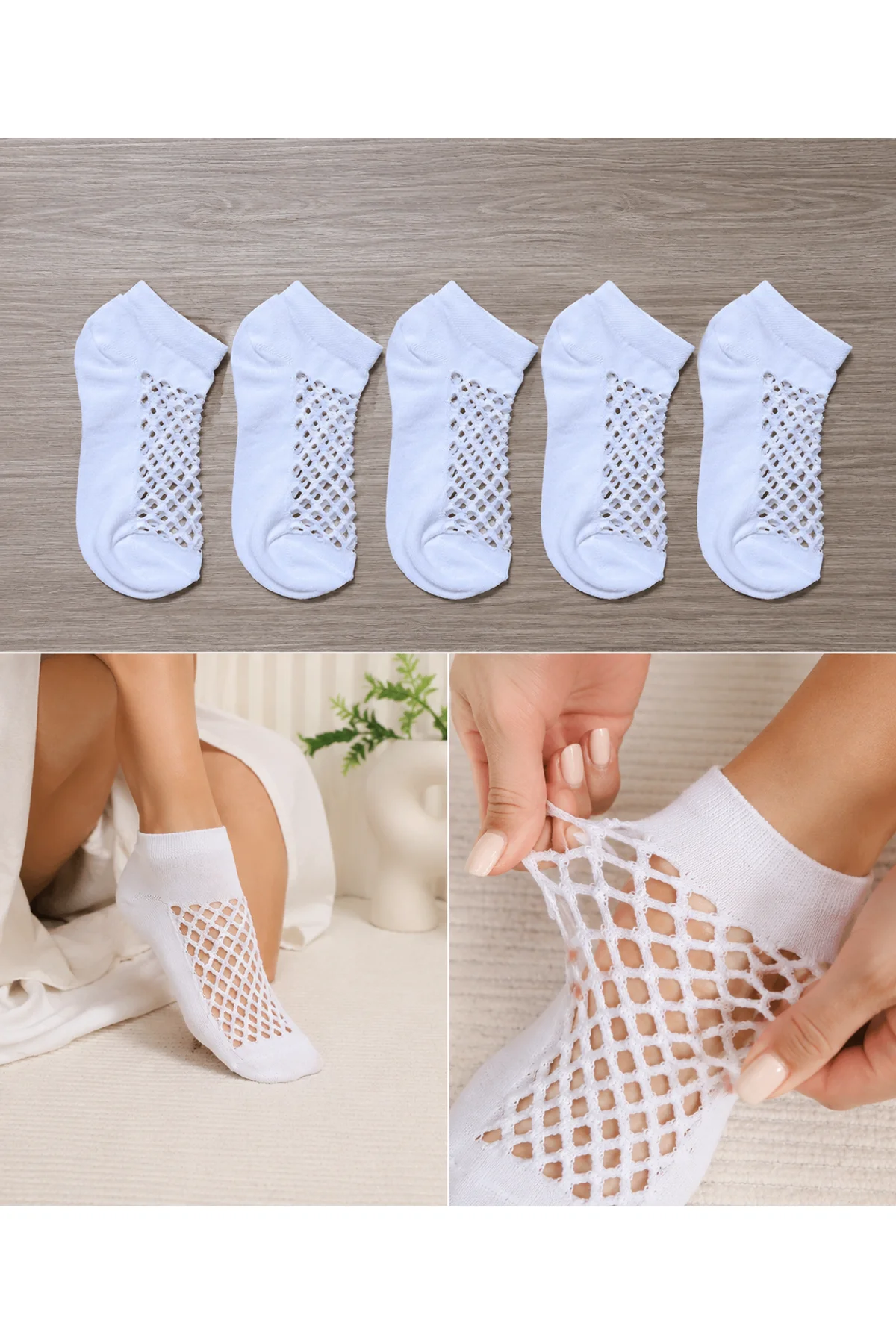 Kadın 5 Çift Premium Kalite File Tasarım Yazlık Bilek Çorabı Beyaz - Hitit Socks Görsel 3