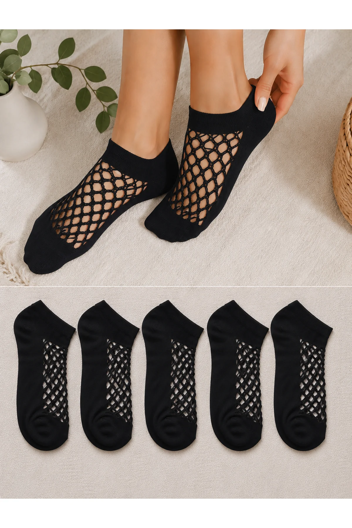 Kadın 5 Çift Premium Kalite File Tasarım Yazlık Bilek Çorabı Siyah - Hitit Socks Görsel 2