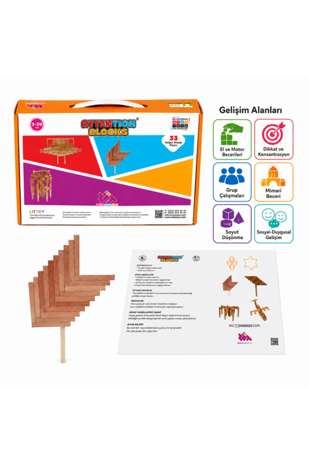 Attention Blocks 33 Parça Doğal Ahşap Zeka Oyunu 3+ Yaş 1+ Oyuncu - Zetzeka Görsel 5