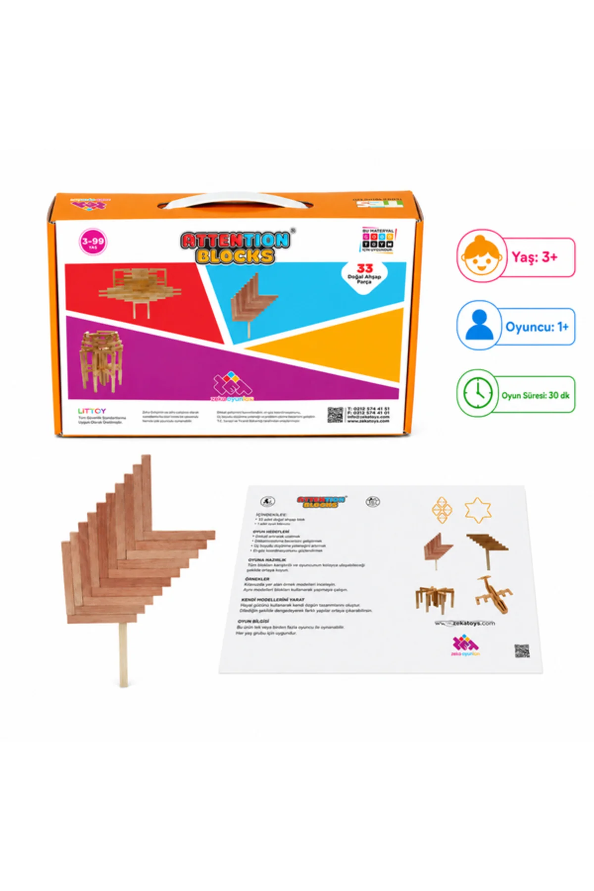 Attention Blocks 33 Parça Doğal Ahşap Zeka Oyunu 3+ Yaş 1+ Oyuncu