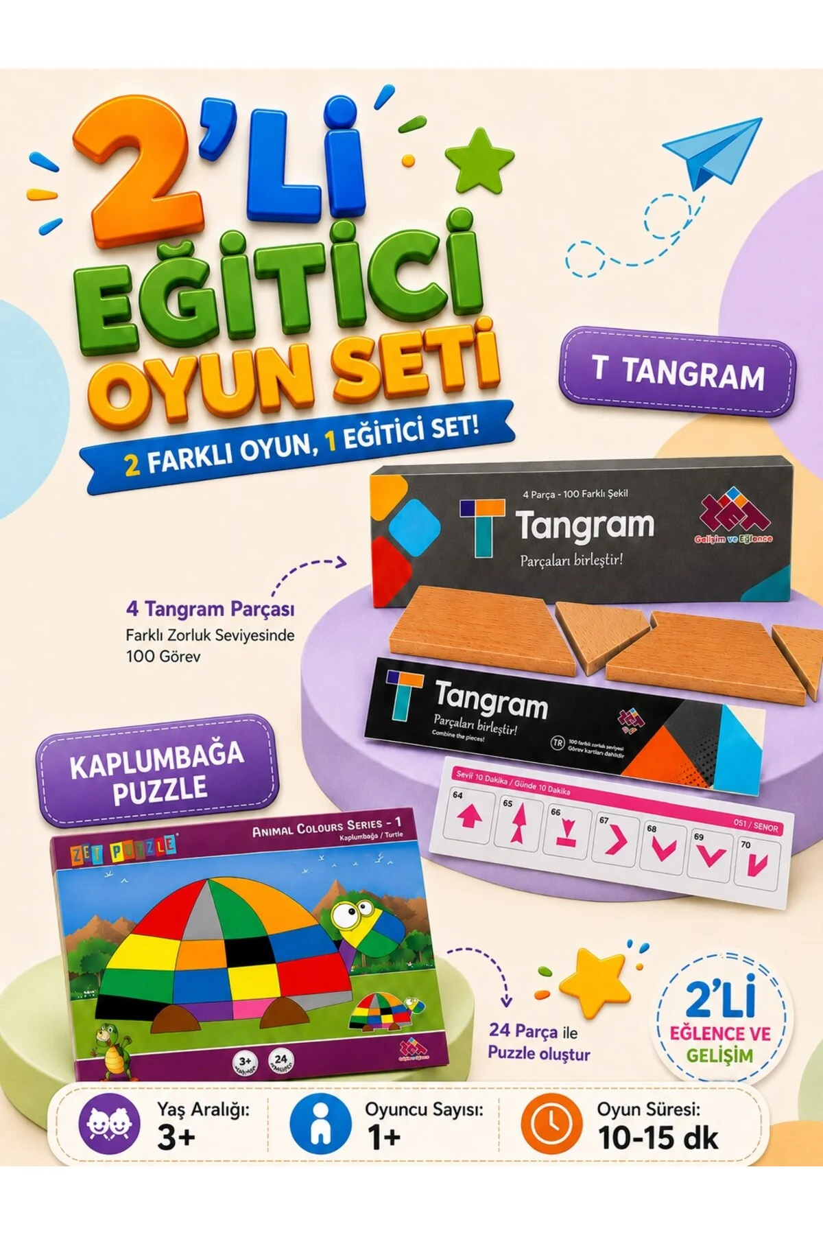 2'li Oyun Seti - T-Tangram ve Kaplumbağ Puzzle - Eğitici ve Öğretici Oyun Seti