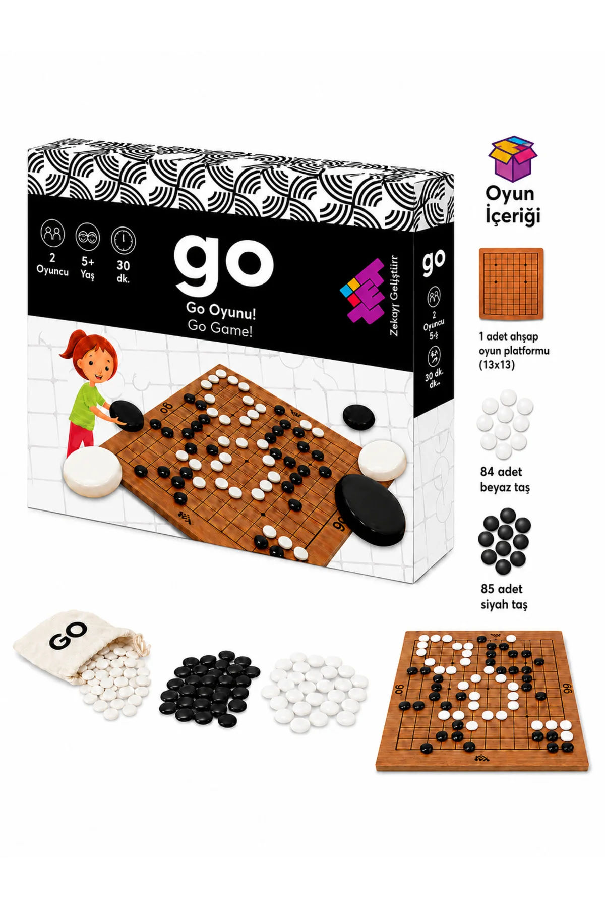 GO Ahşap Zeka ve Akıl Oyunu 5+ Yaş 2 Oyuncu (13x13 Kare) - Zetzeka Görsel 3
