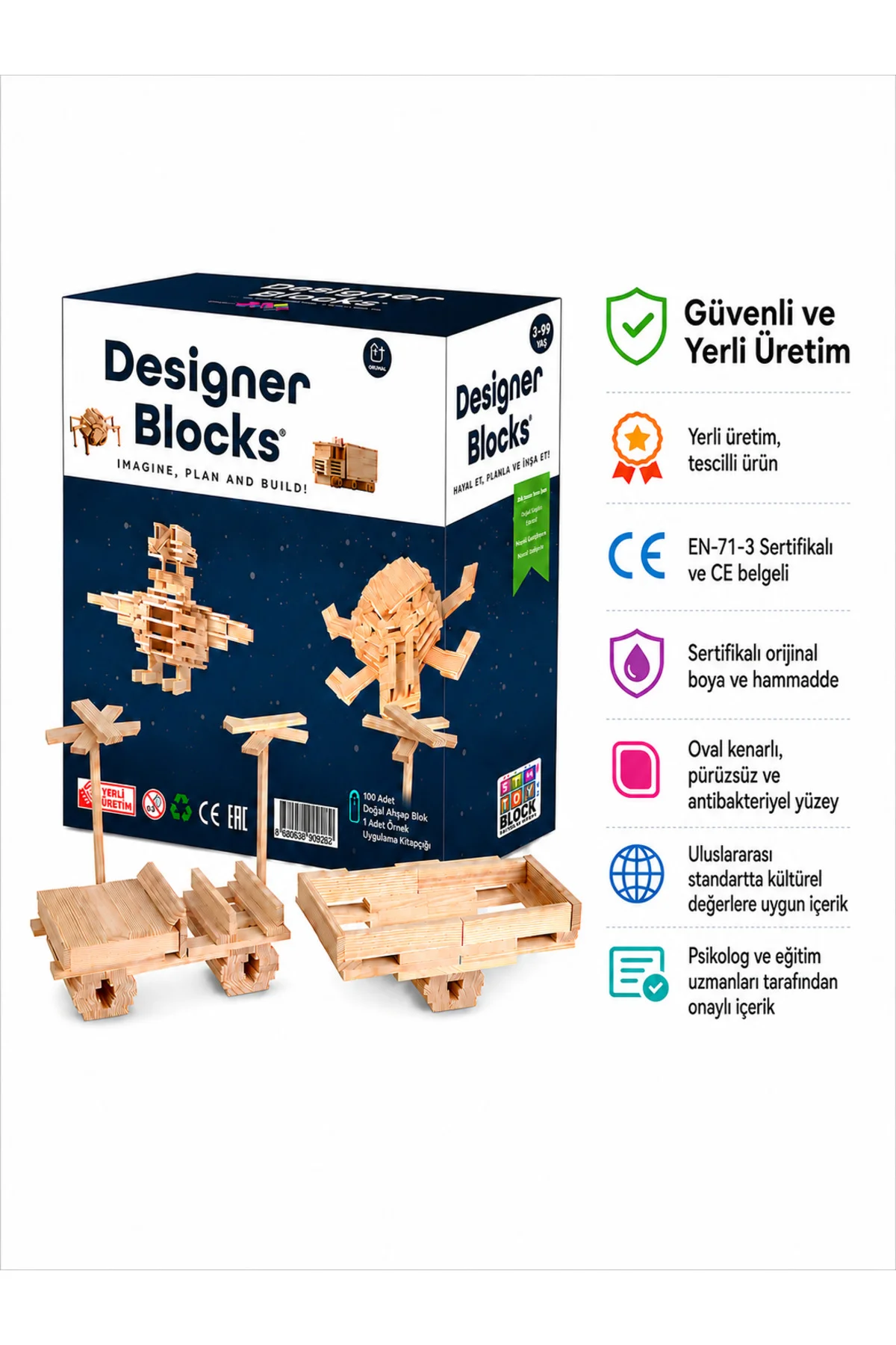 Designer Blocks 100 Doğal Ahşap Parça 3+ Yaş 1+ Oyuncu - Zetzeka Görsel 6