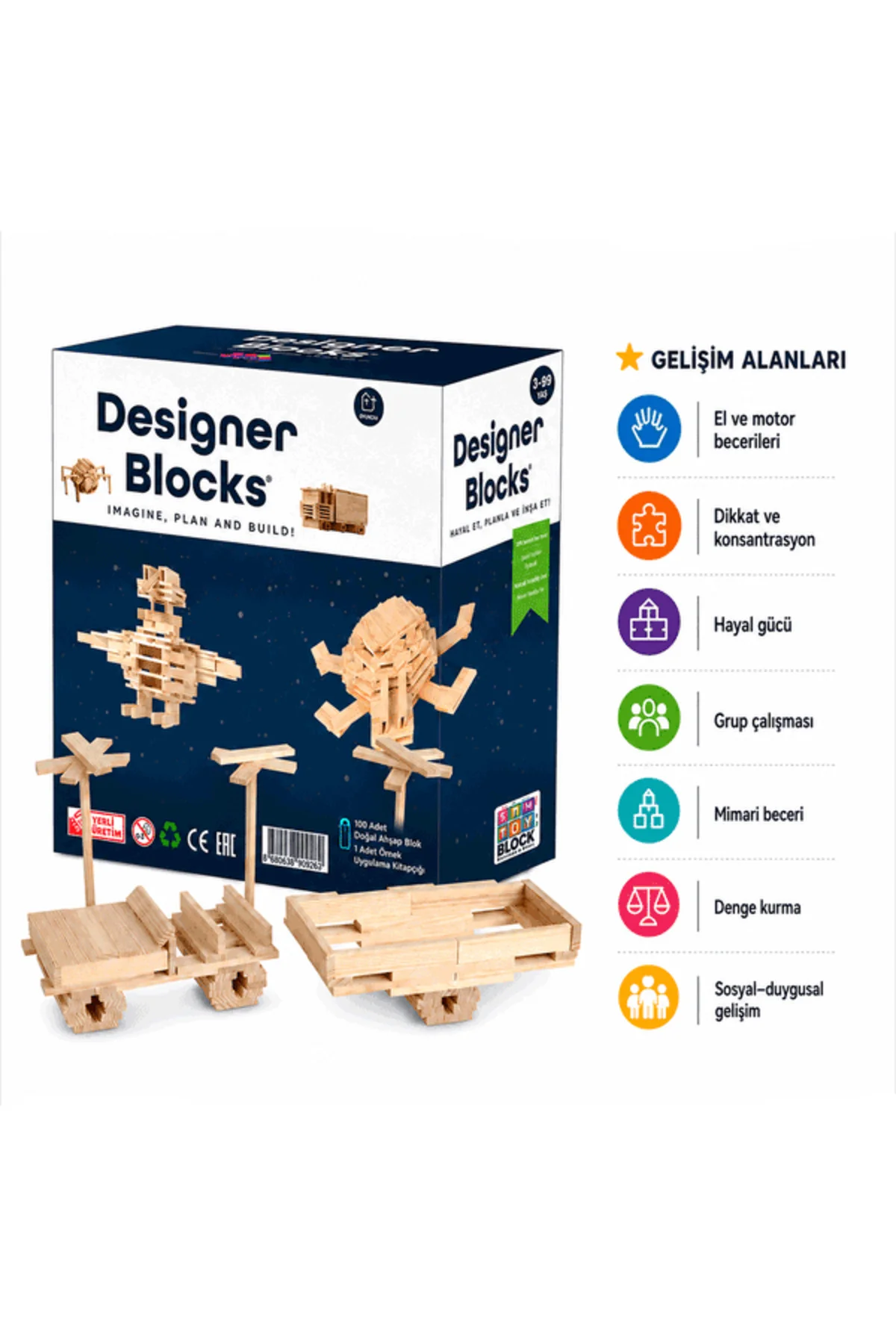 Designer Blocks 100 Doğal Ahşap Parça 3+ Yaş 1+ Oyuncu - Zetzeka Görsel 5