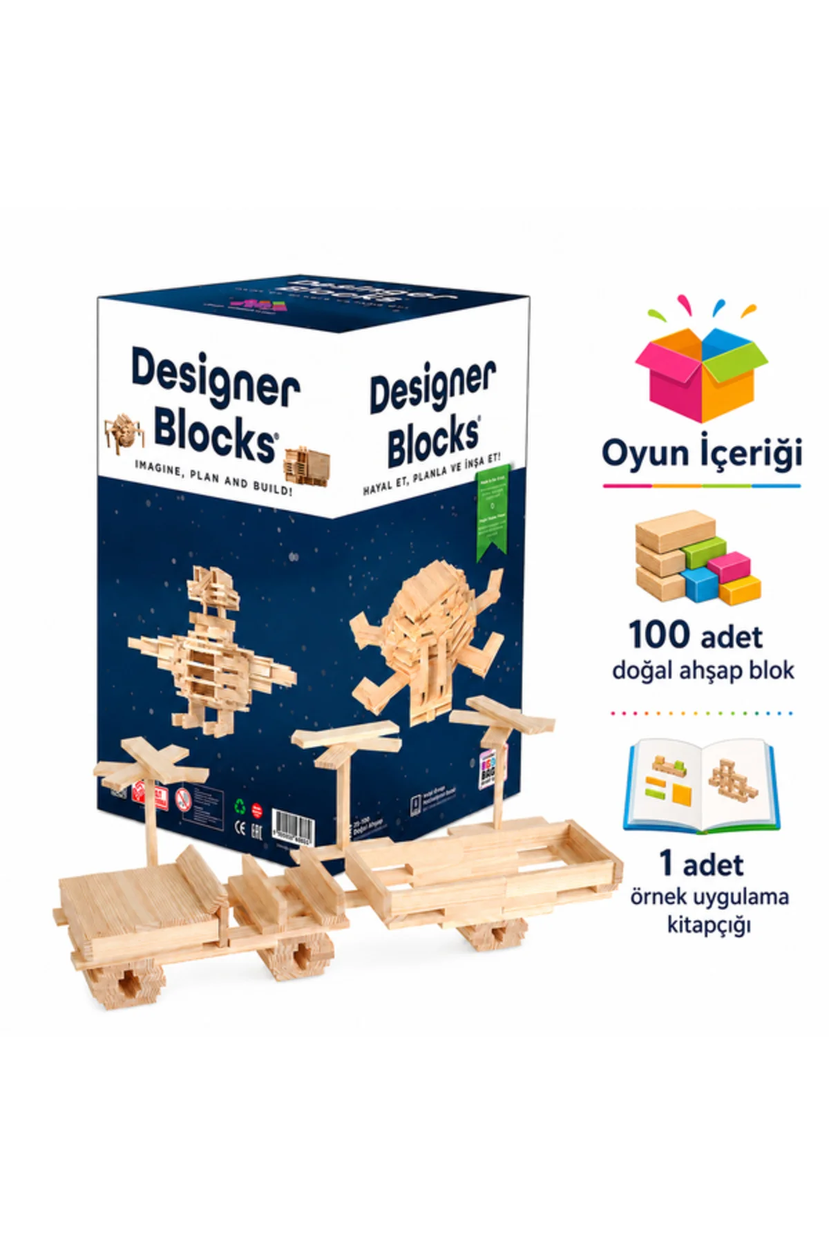 Designer Blocks 100 Doğal Ahşap Parça 3+ Yaş 1+ Oyuncu - Zetzeka Görsel 3