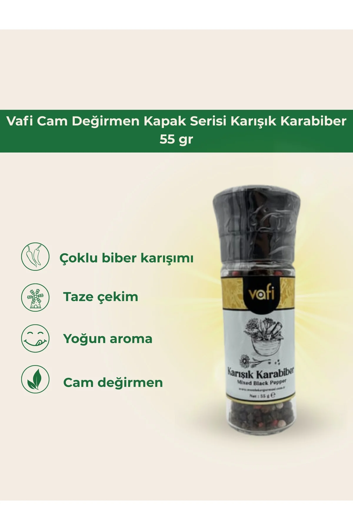Vafi Cam Değirmen Kapak Serisi Karışık Karabiber 55 gr 1 ADET - vafi Görsel 2