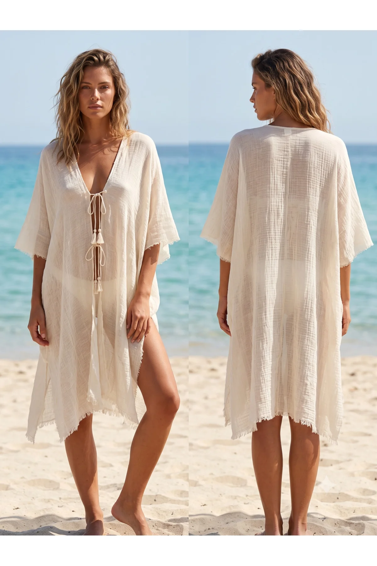 Kadın Ekru Bürümcük Plaj Pareosu Bağlamalı PR005 - Luminos Butik Görsel 3