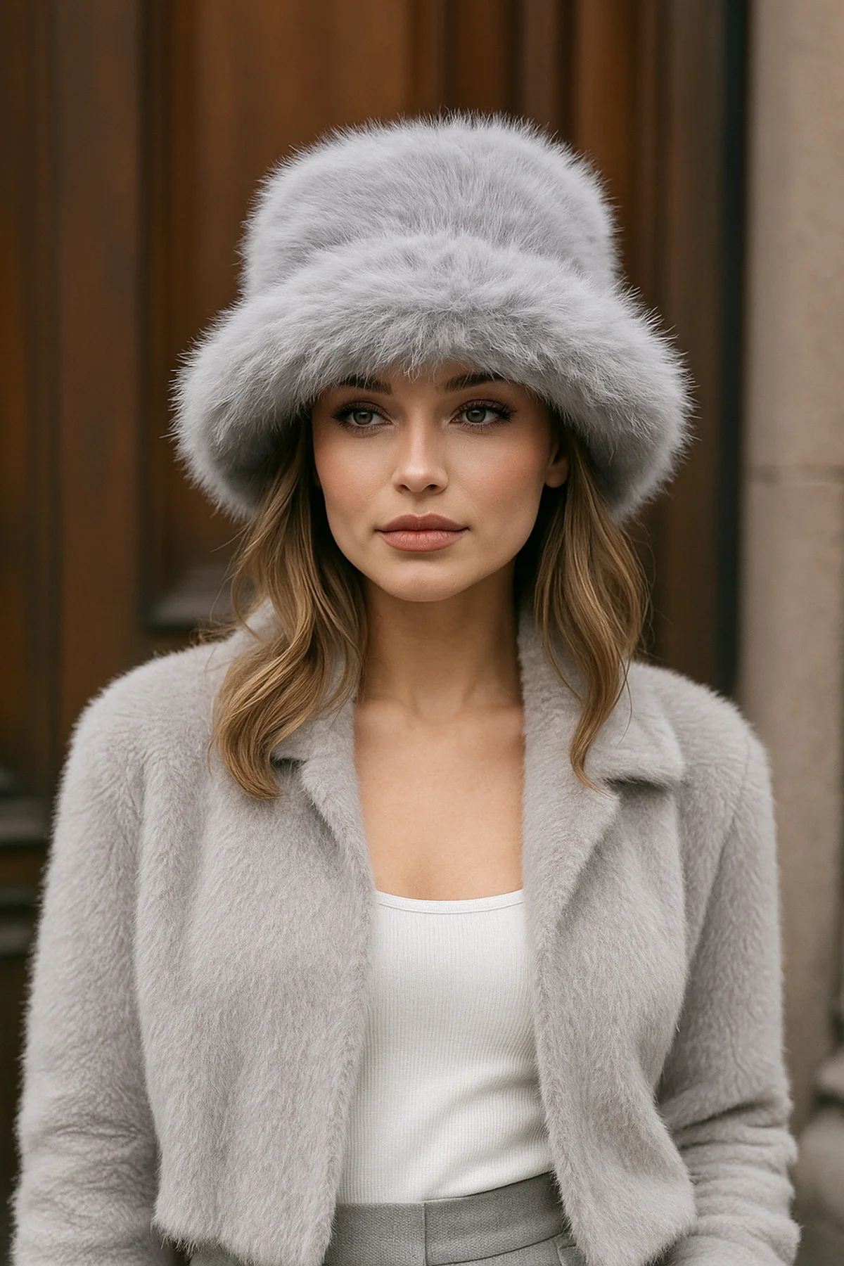 Peluş Ayarlanabilir Gri Bucket Kalpak Şapka-bere Spk1142 - Luminos Butik Görsel 2