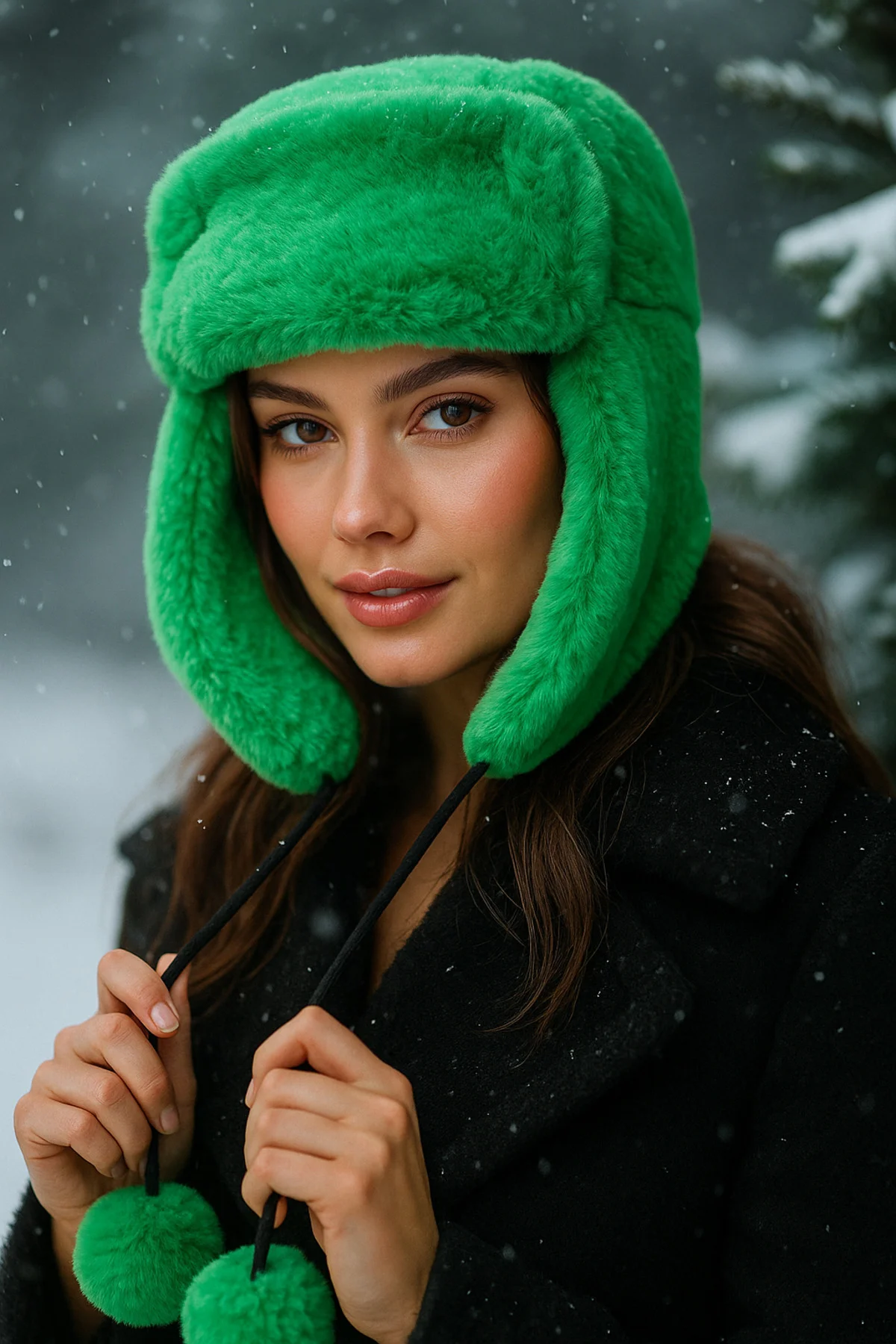 Kadın Yeşil Ponponlu Kürklü Kulaklıklı Peluş Şapka Bere Bere1103 - Luminos Butik Görsel 2