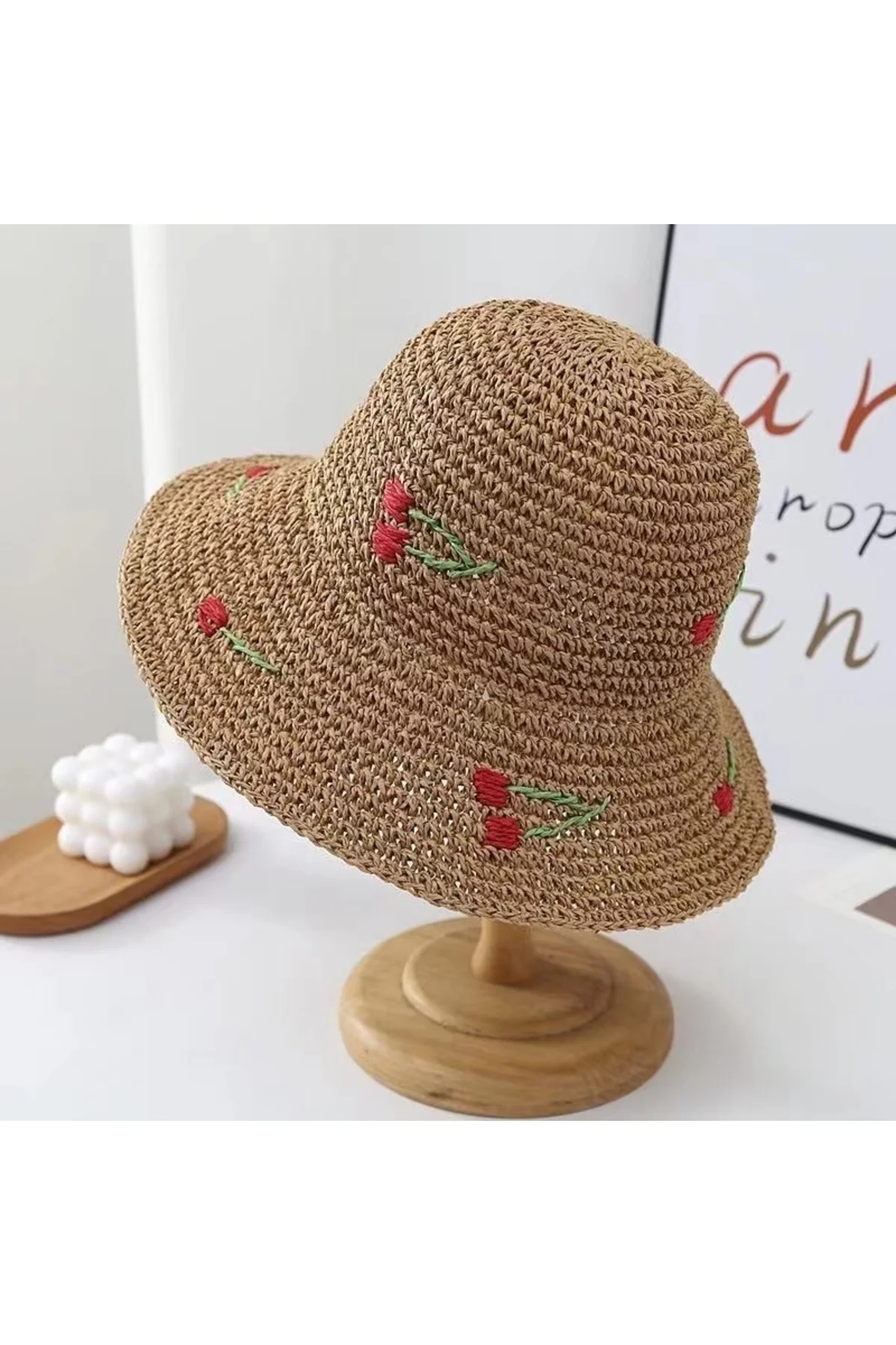 Camel Geniş Kenarlı El Örgüsü Hasır Şapka Kiraz Desenli Zarif Aksesuar Güneşten Koruma HSR2098 - Luminos Butik Görsel 7