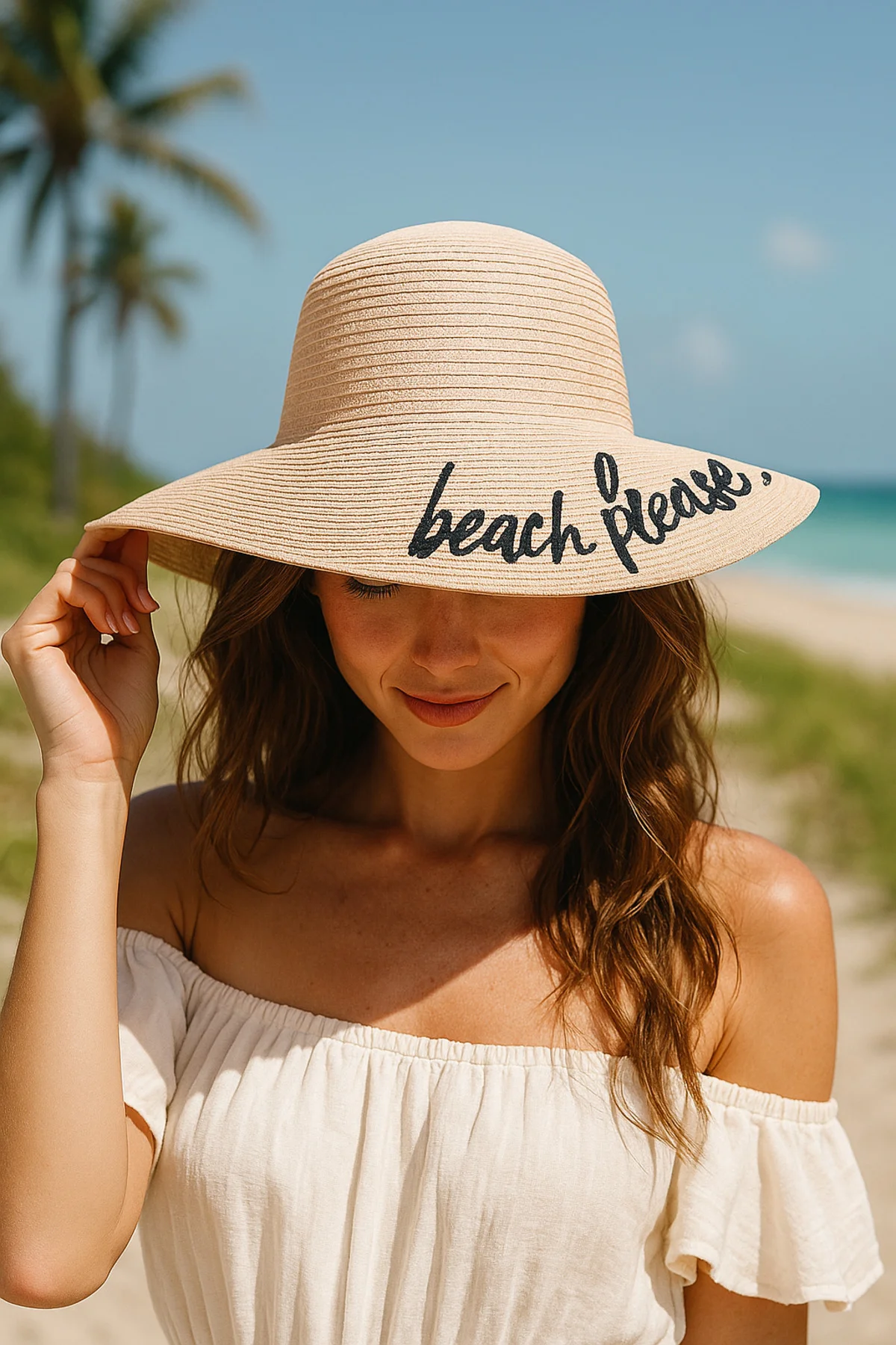 Beach Please Nakışlı Bej Hasır Şapka Hsr2029 - Luminos Butik Görsel 3