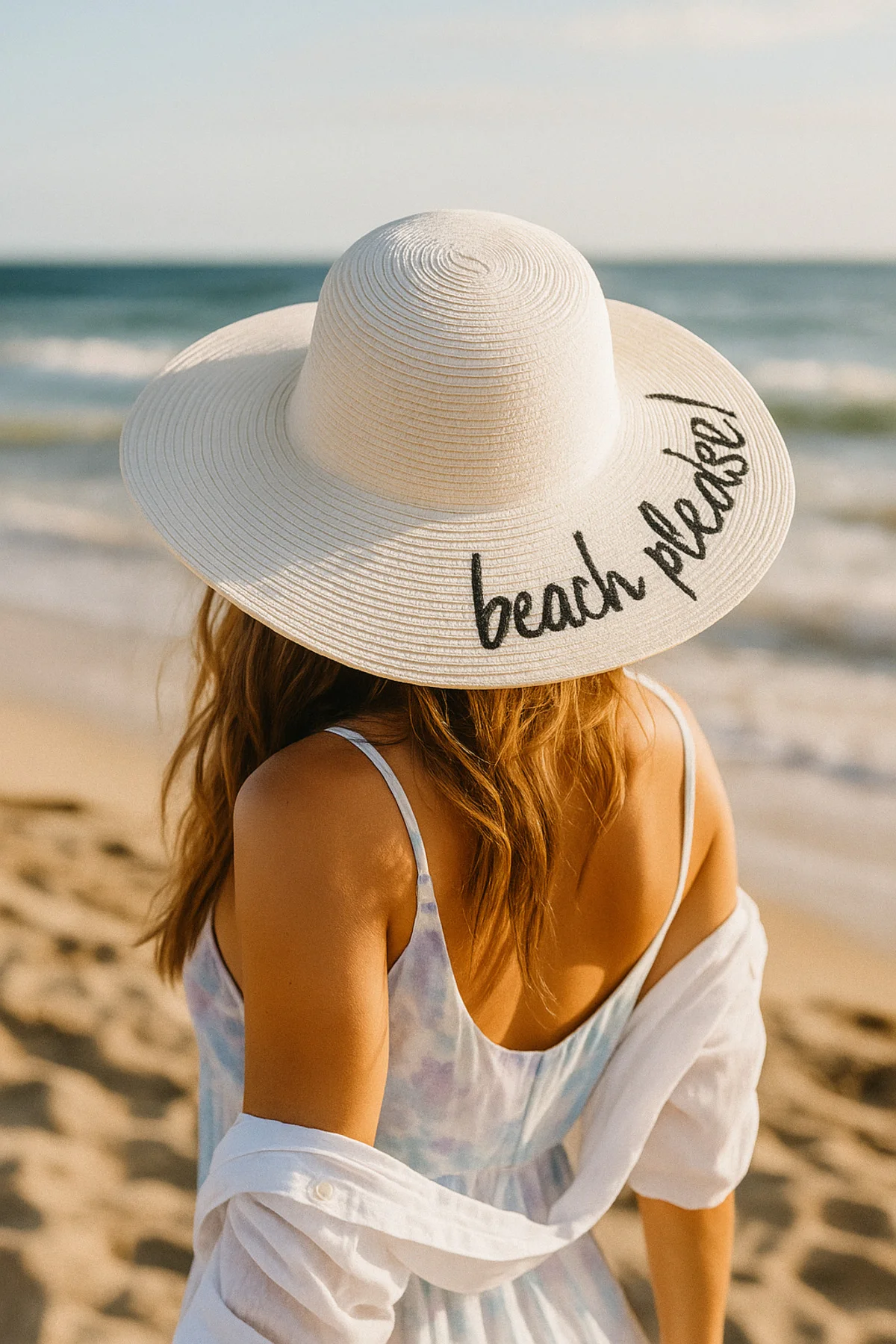 Beach Please Nakışlı Beyaz Hasır Şapka Hsr2029 - Luminos Butik Görsel 5