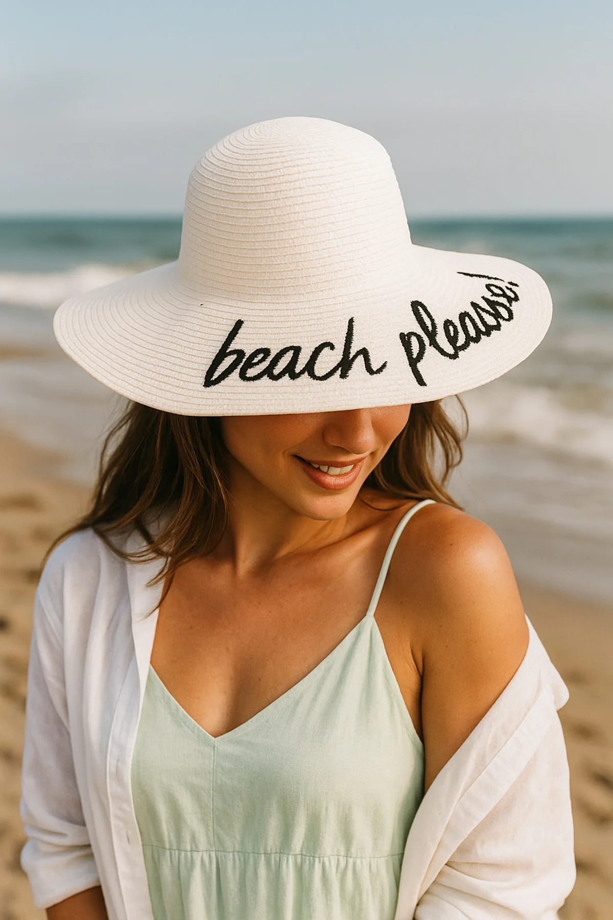 Beach Please Nakışlı Beyaz Hasır Şapka Hsr2029 - Luminos Butik Görsel 4