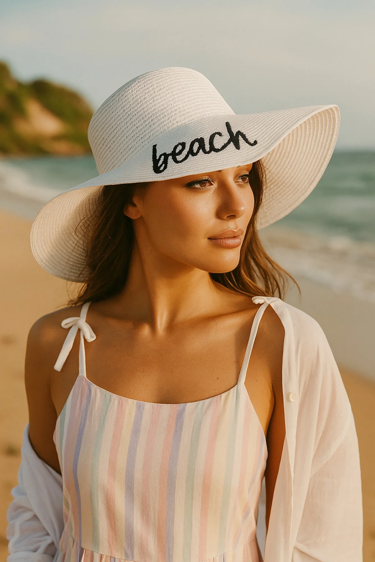 Beach Please Nakışlı Beyaz Hasır Şapka Hsr2029 - Luminos Butik Görsel 2