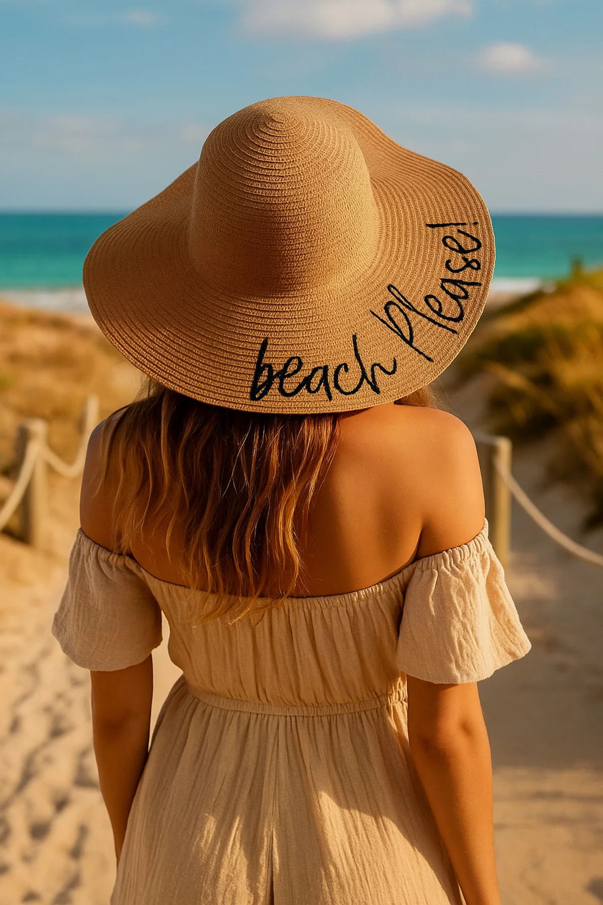 Beach Please Nakışlı Camel Hasır Şapka Hsr2029 - Luminos Butik Görsel 2