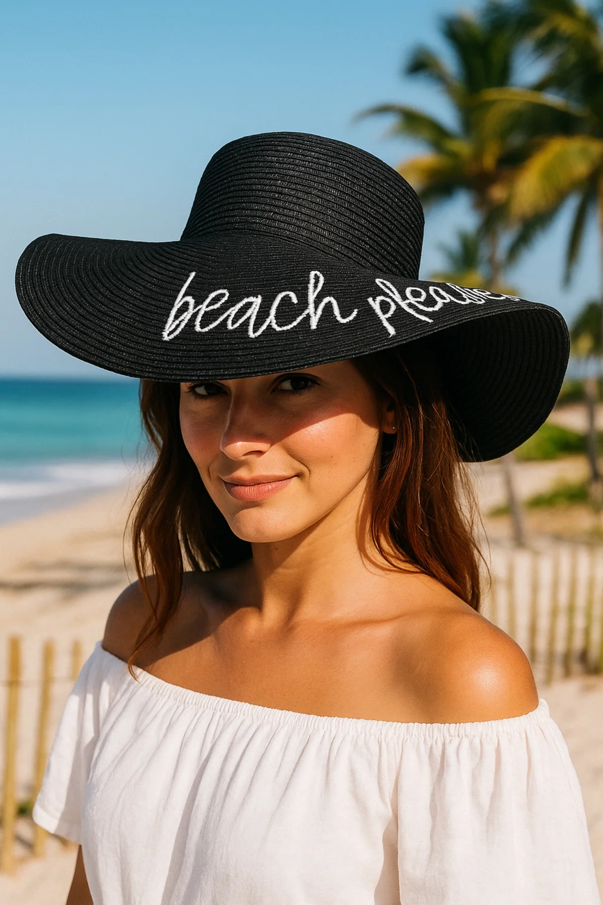 Beach Please Nakışlı Siyah Hasır Şapka Hsr2029 - Luminos Butik Görsel 3