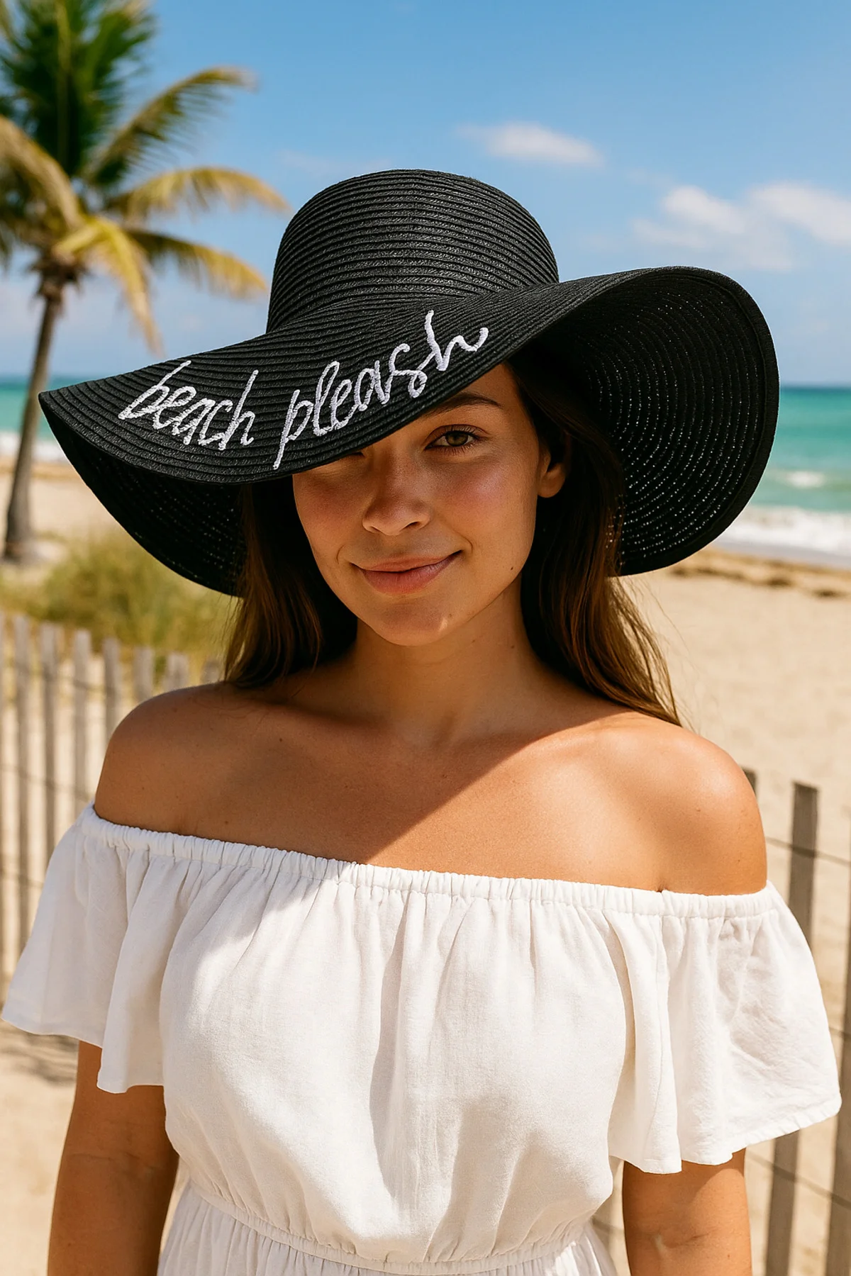 Beach Please Nakışlı Siyah Hasır Şapka Hsr2029 - Luminos Butik Görsel 2