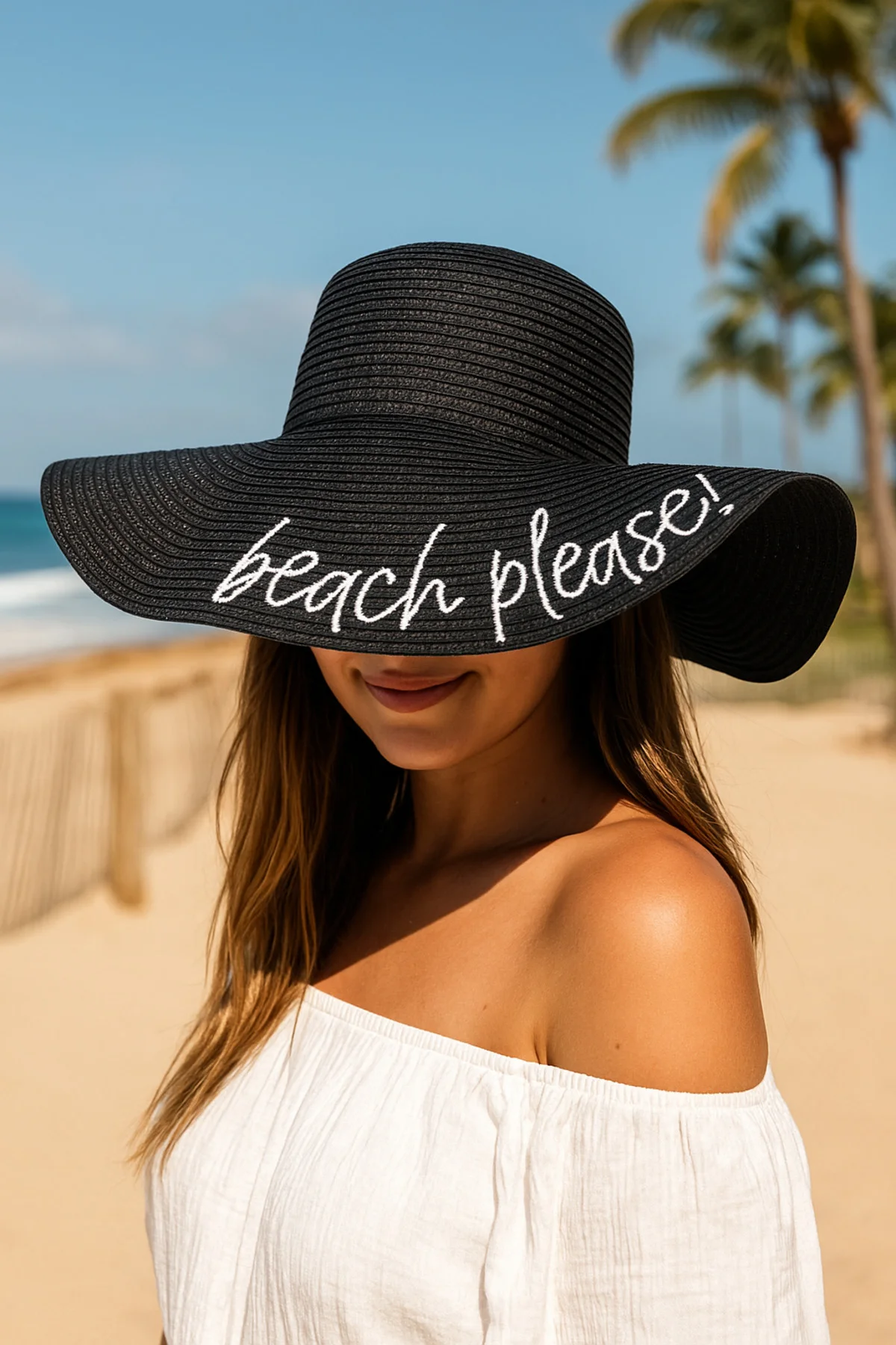 Beach Please Nakışlı Siyah Hasır Şapka Hsr2029 - Luminos Butik Görsel 5