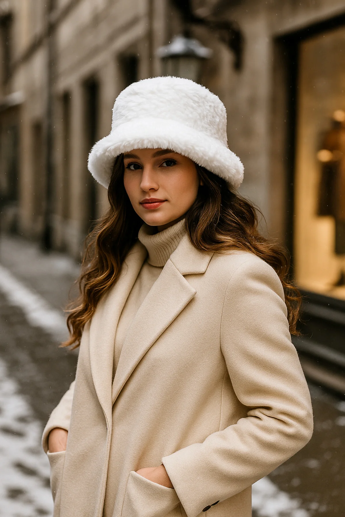 İthal Ekru Tüylü Bucket Şapka - Trend Kış Şapkası - Premium Ekru Renkli Aksesuar Spk1102-1 - Luminos Butik Görsel 4