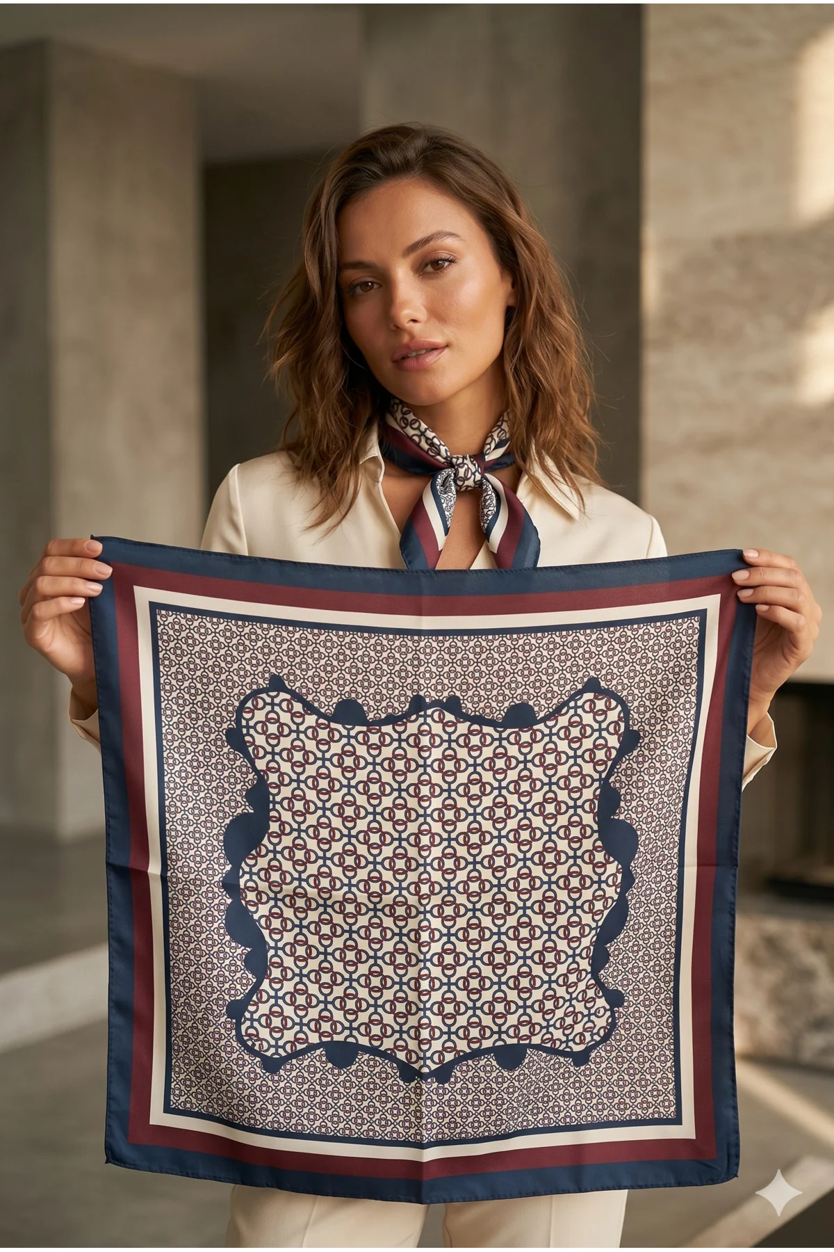 Kadın Geometrik Desenli Saten Boyun Fuları Bandana 70x70 Lacivert Ekru Bordo FLR2003 - Luminos Butik Görsel 2
