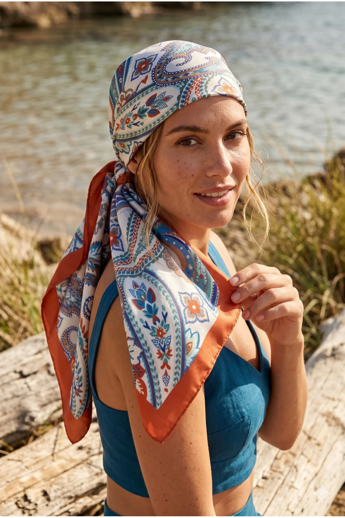Kadın Desenli Saten Boyun Fuları Bandana 70x70 Turuncu Mavi Ekru FLR2006 - Luminos Butik Görsel 3