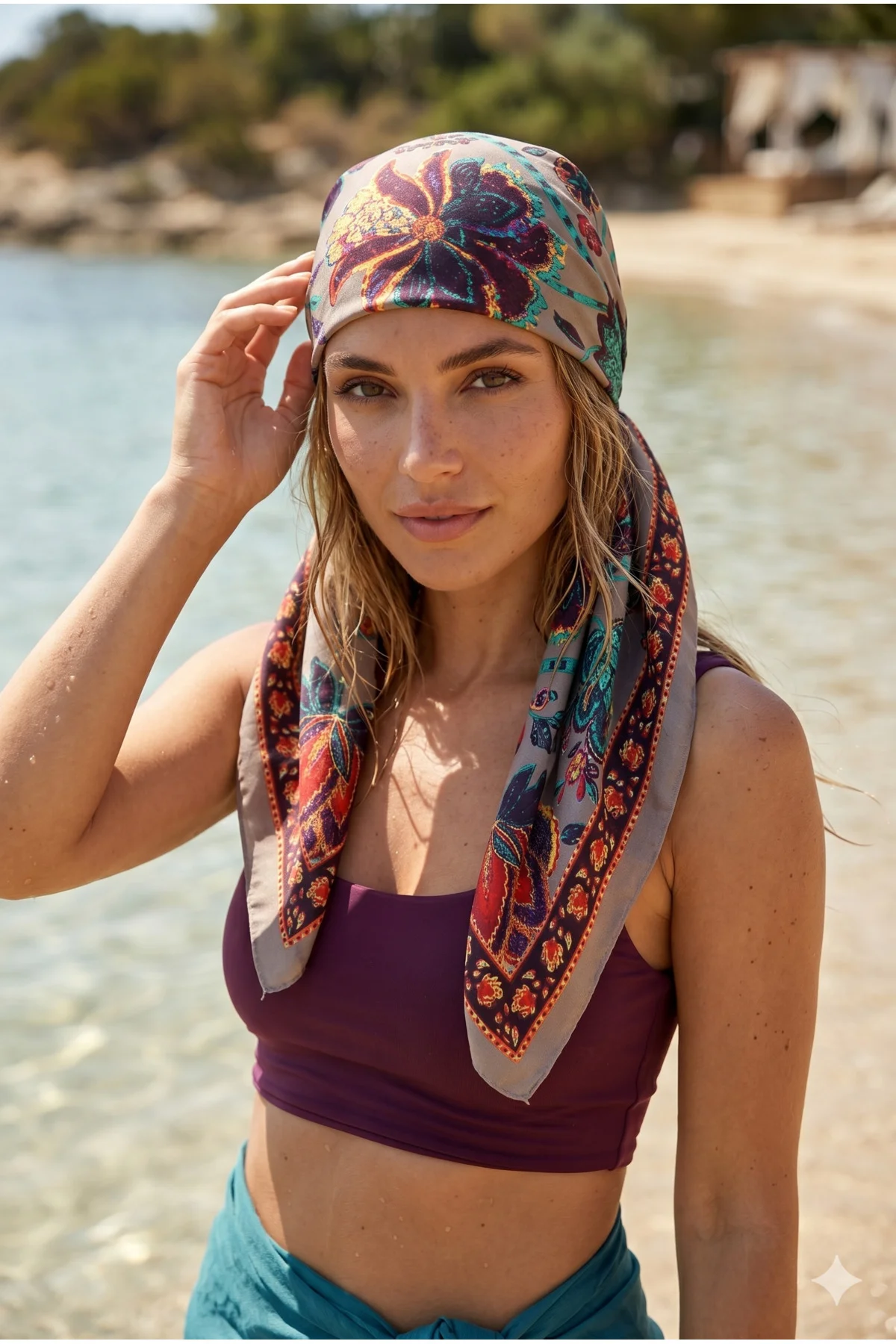 Kadın Desenli Saten Boyun Fuları Bandana 70x70 Bej Yeşil Turuncu FLR2008 - Luminos Butik Görsel 3