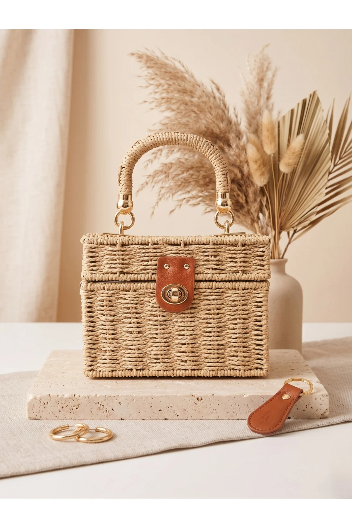 Kadın El Yapımı Kapaklı Hasır Çanta - Camel Rattan Kutulu Model 17x23 Cm CNT1033 - Luminos Butik Görsel 4