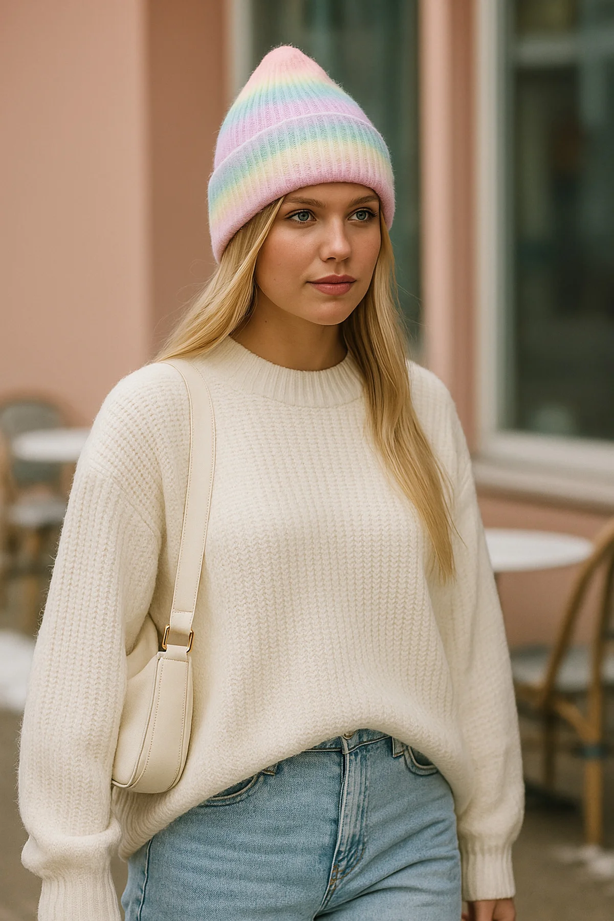 Pastel Tonlarda Çizgili Renk Geçişli, %100 Yün Desenli Yumuşak Örgü Bere Bere1132 - Luminos Butik Görsel 4
