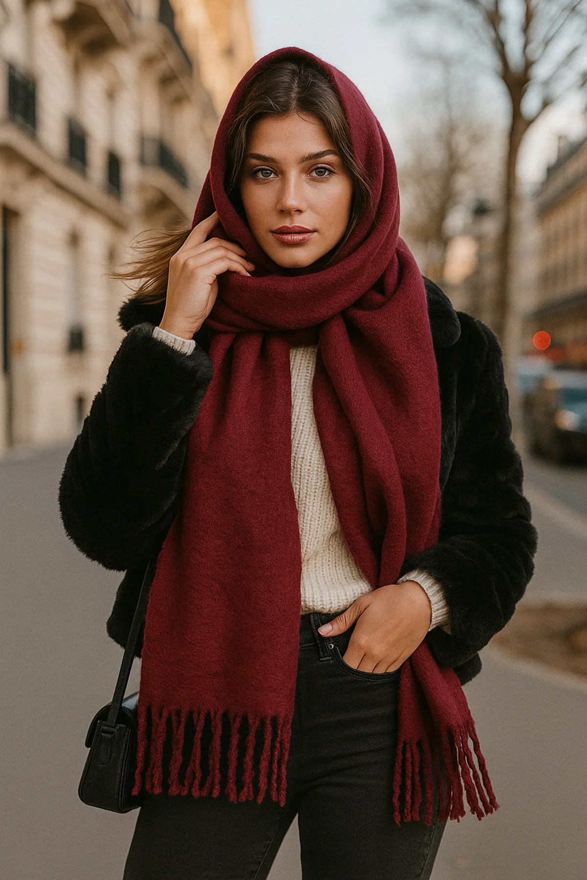 Kadın Bordo Düz Püsküllü Atkı Şal 45x210 Cm Sal1257 - Luminos Butik Görsel 3