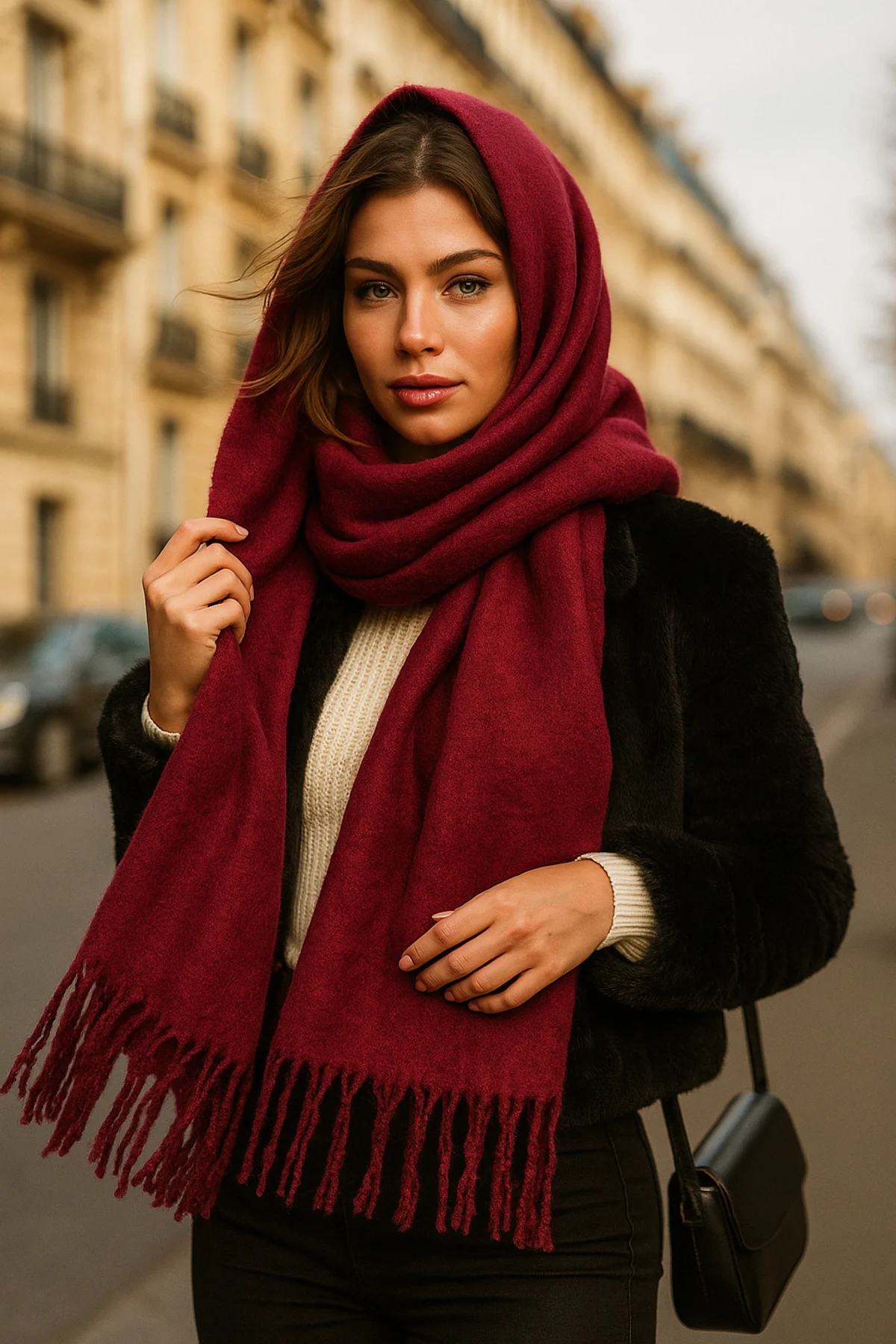 Kadın Bordo Düz Püsküllü Atkı Şal 45x210 Cm Sal1257 - Luminos Butik Görsel 2