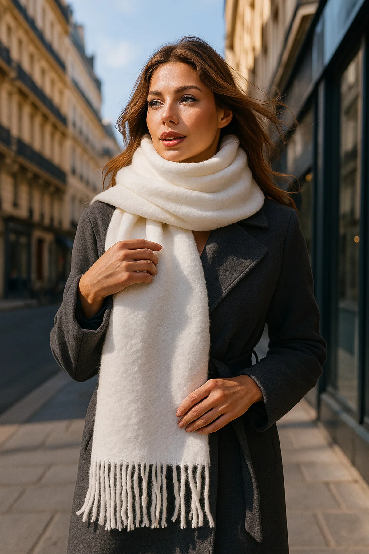 Yumuşak Dokulu Beyaz Püsküllü Kalın Şal - Sıcak Tutan Çok Amaçlı Aksesuar, Günlük Ve Özel ! Sal1257 - Luminos Butik Görsel 3