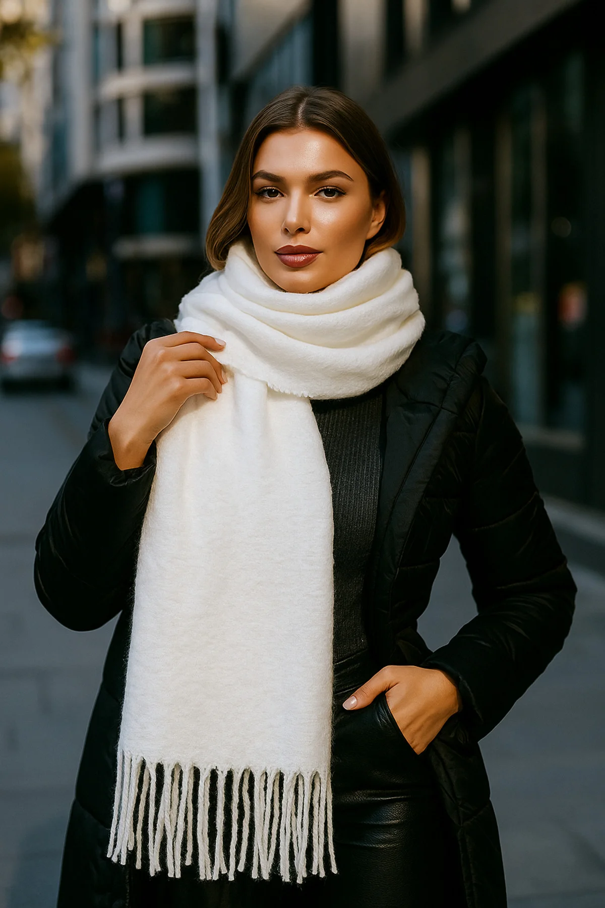 Yumuşak Dokulu Beyaz Püsküllü Kalın Şal - Sıcak Tutan Çok Amaçlı Aksesuar, Günlük Ve Özel ! Sal1257 - Luminos Butik Görsel 5