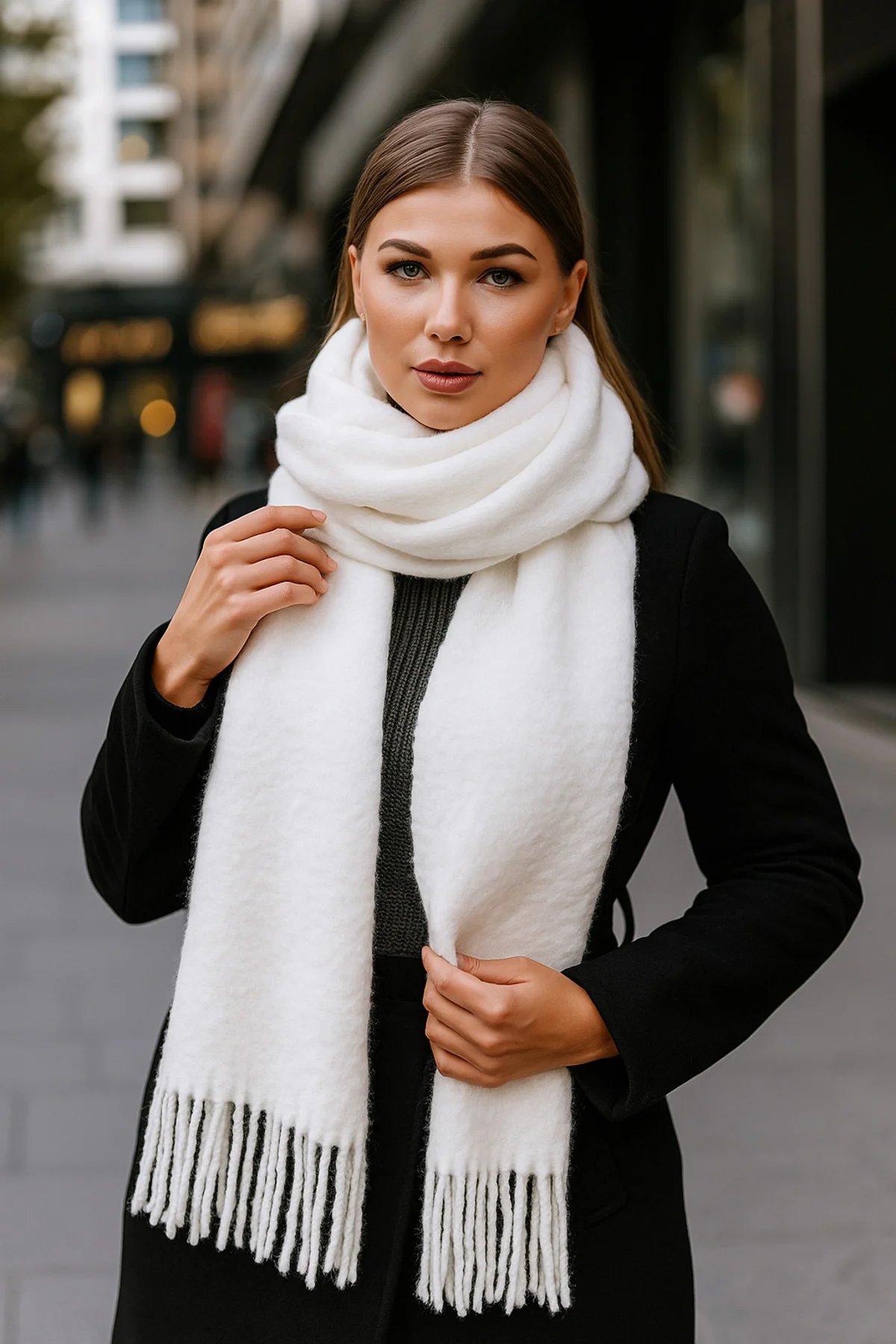 Yumuşak Dokulu Beyaz Püsküllü Kalın Şal - Sıcak Tutan Çok Amaçlı Aksesuar, Günlük Ve Özel ! Sal1257 - Luminos Butik Görsel 4