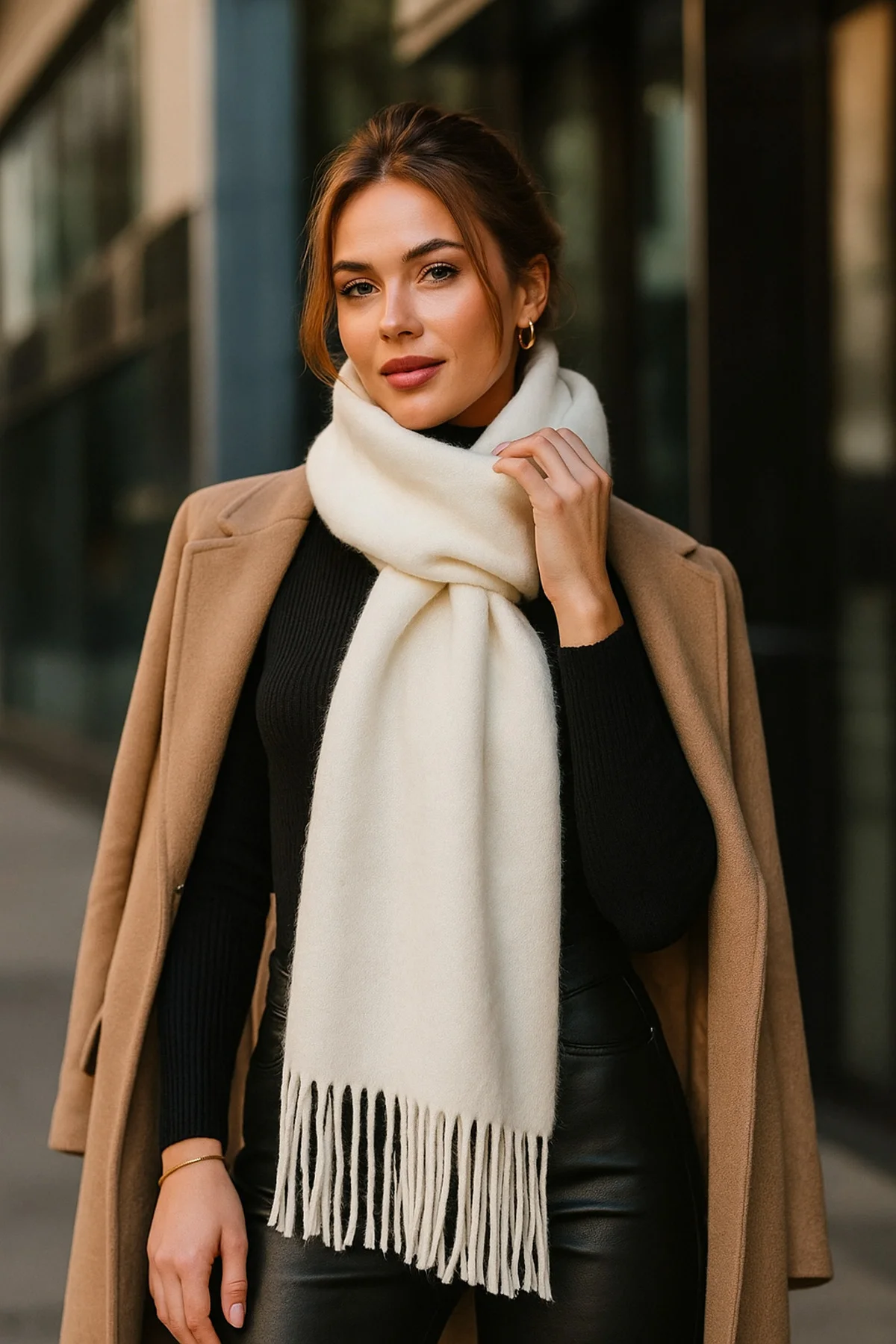 Yumuşak Dokulu Beyaz Püsküllü Kalın Şal - Sıcak Tutan Çok Amaçlı Aksesuar, Günlük Ve Özel ! Sal1257 - Luminos Butik Görsel 2