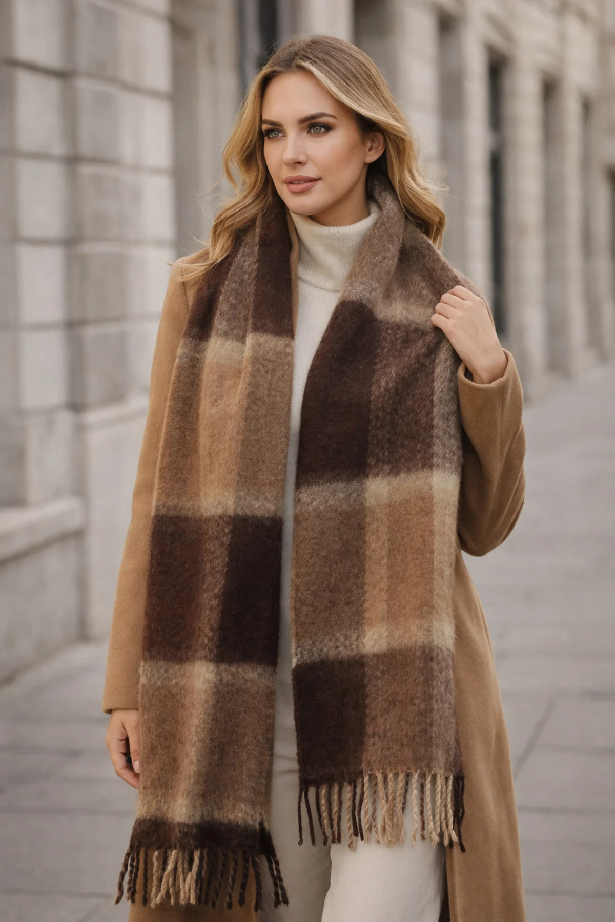 Kadın Kahve Ekose Desenli Atkı-Şal SAL1304 - Luminos Butik Görsel 4
