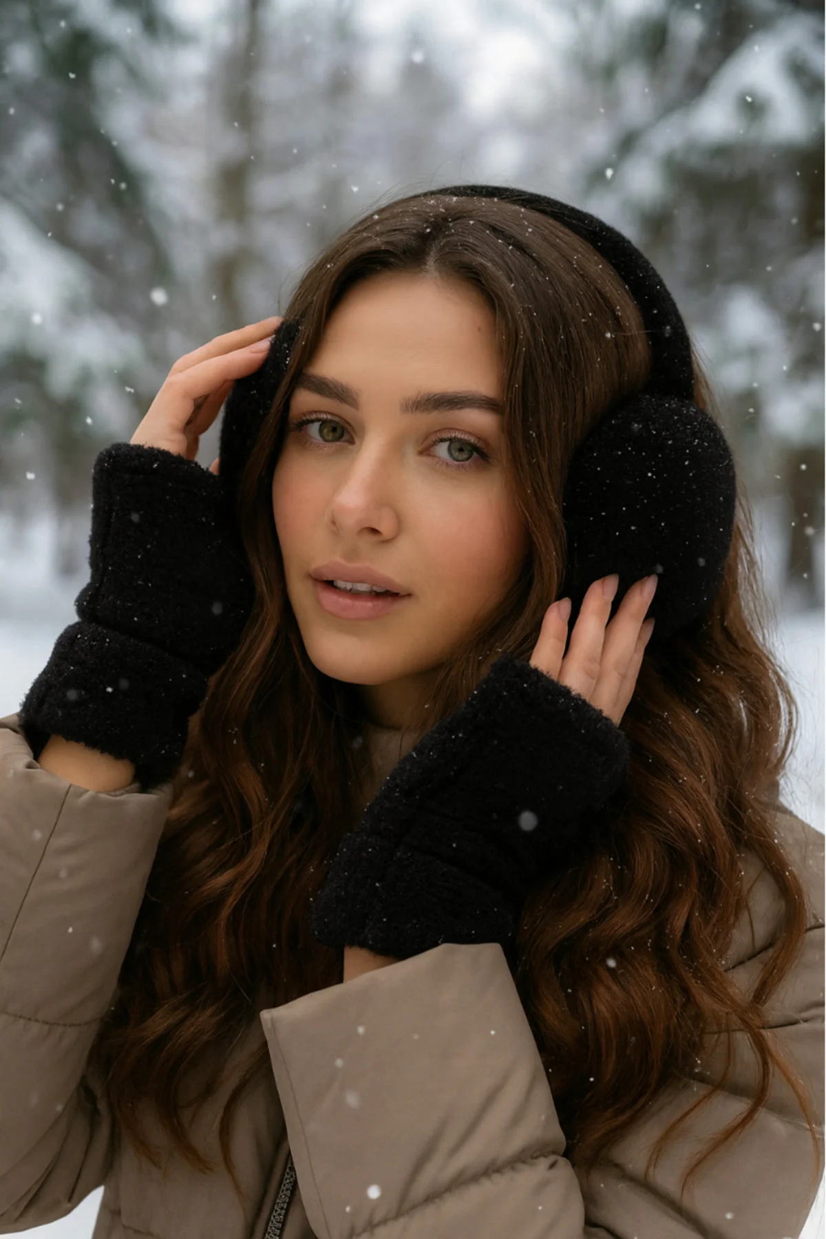 İthal Siyah Peluş Eldiven Kulaklık Set - Luminos Butik Görsel 3