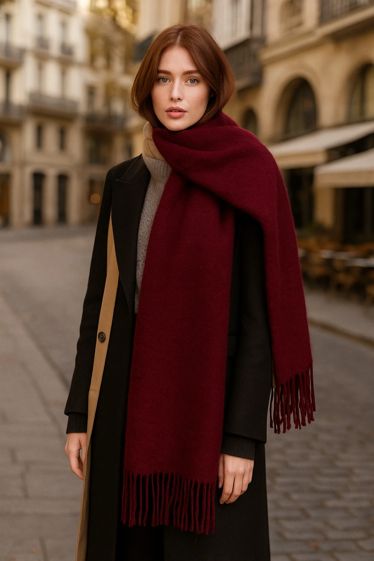 Kadın Basic Bordo Püsküllü Buklet Atkı - Şal 45x200 Cm Sal1285 - Luminos Butik Görsel 2